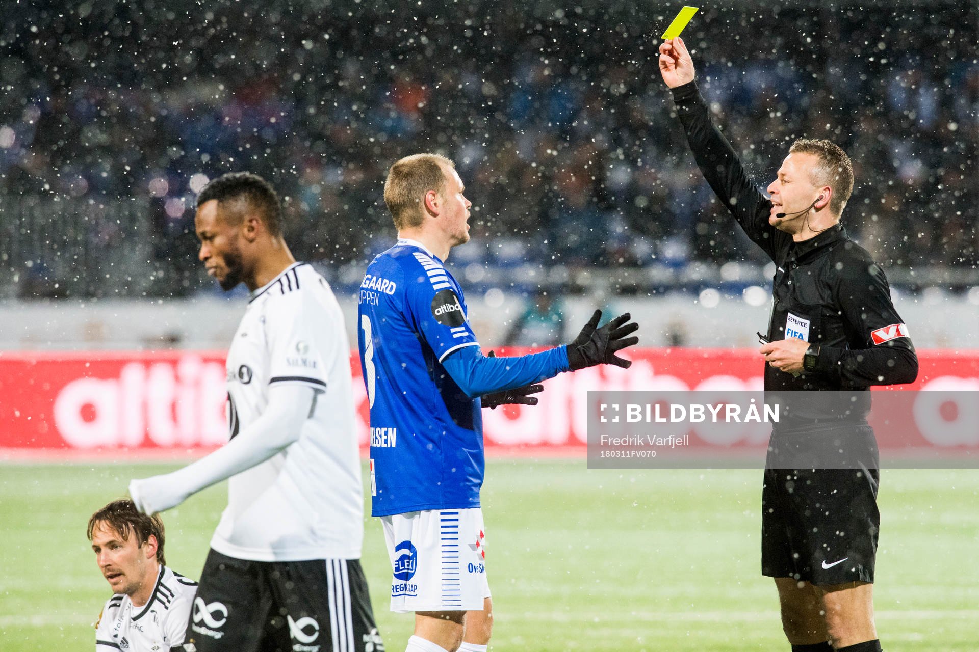 Matti Lund Nielsen of Sarpsborg 08 gets a yellow card from