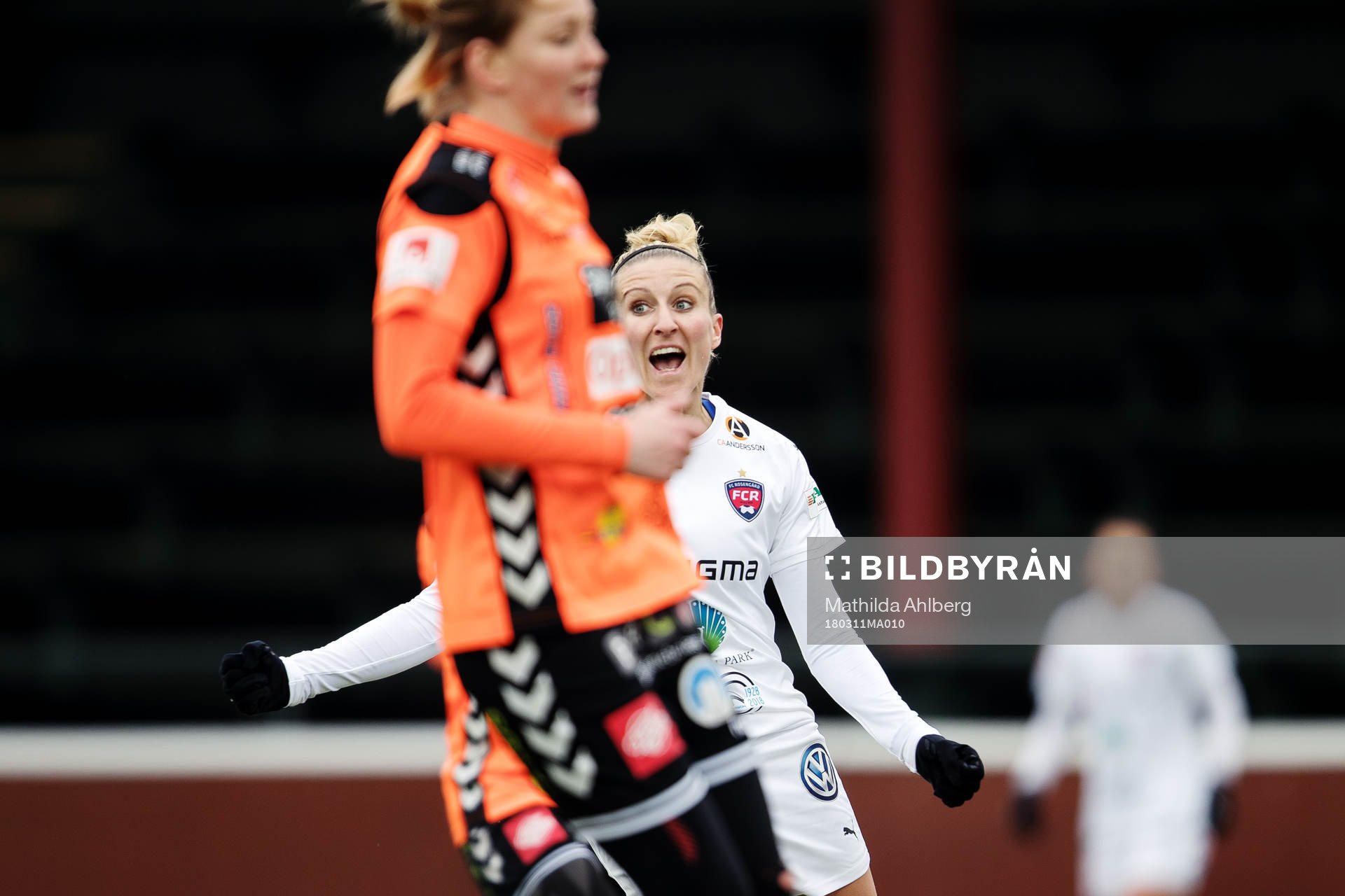 Rosengårds Anja Mittag jublar efter att hon gjort 2-1-målet under fotbollsmatchen i Svenska cupen mellan Rosengård och Kristianstad den 11 mars 2018 i Malmö.