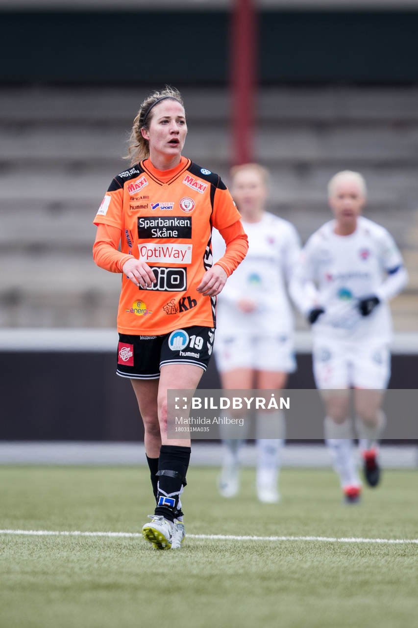 Kristianstads Becky Edwards under fotbollsmatchen i Svenska cupen mellan Rosengård och Kristianstad den 11 mars 2018 i Malmö.