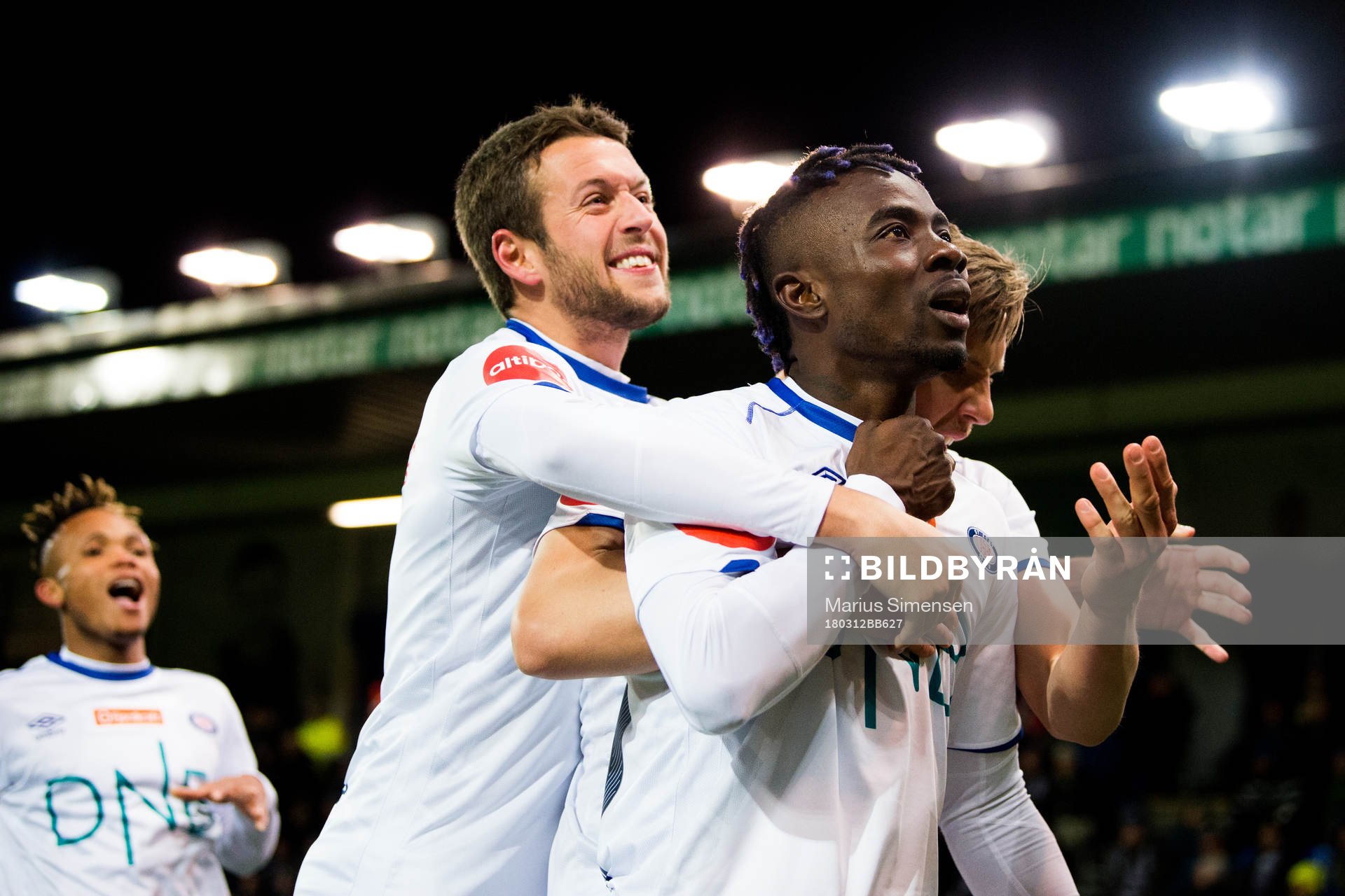 Jonatan Tollås Nation and Sam Johnson of Vålerenga celebrate 1-0 during the Eliteserien match between Kristiansund and Vålerenga on March 12, 2018 in Kristiansund.