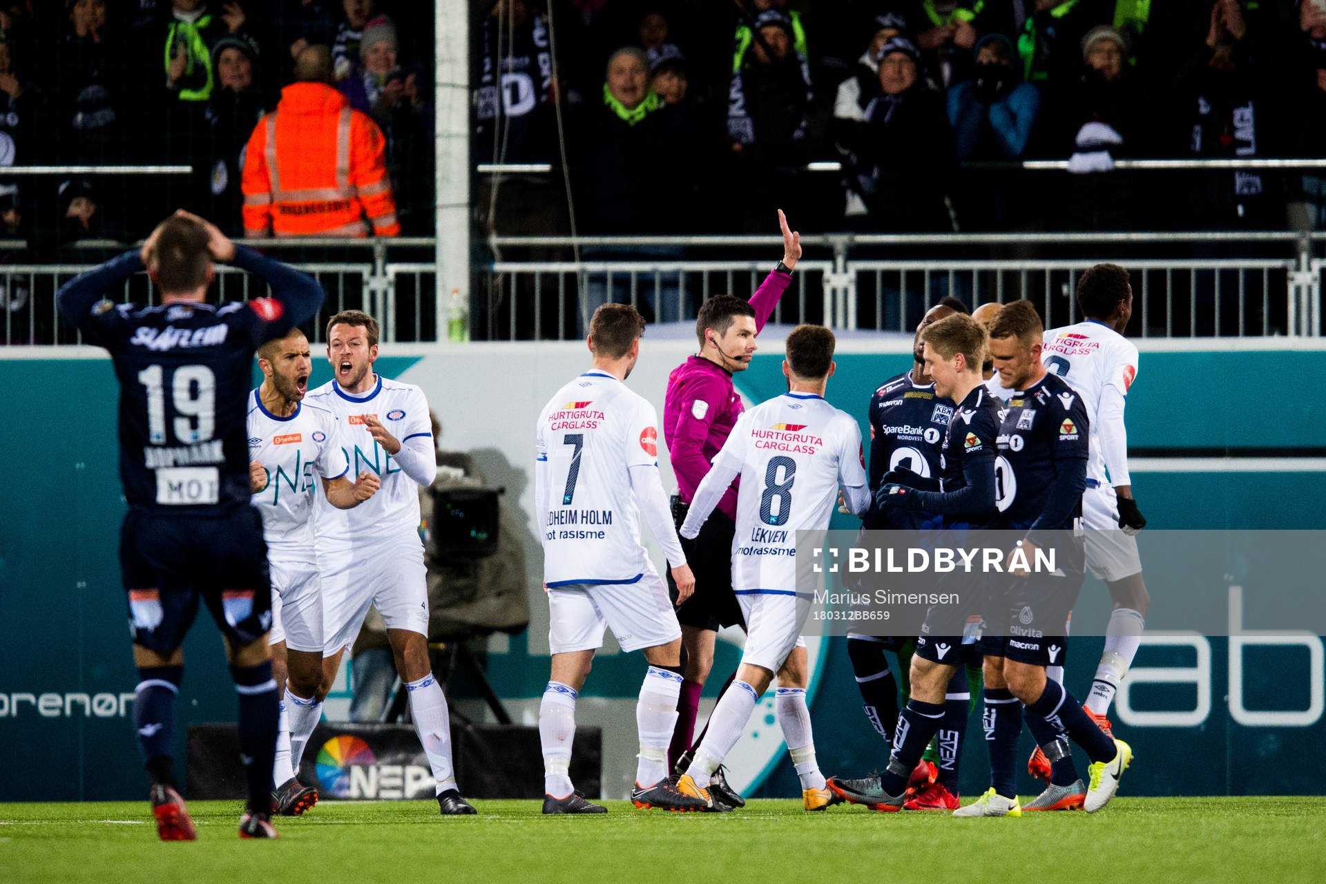 Tore Hansen, referee, disallows the 1-1 penalty goal of Benjamin Stokke of Kristiansund during the Eliteserien match between Kristiansund and Vålerenga on March 12, 2018 in Kristiansund.