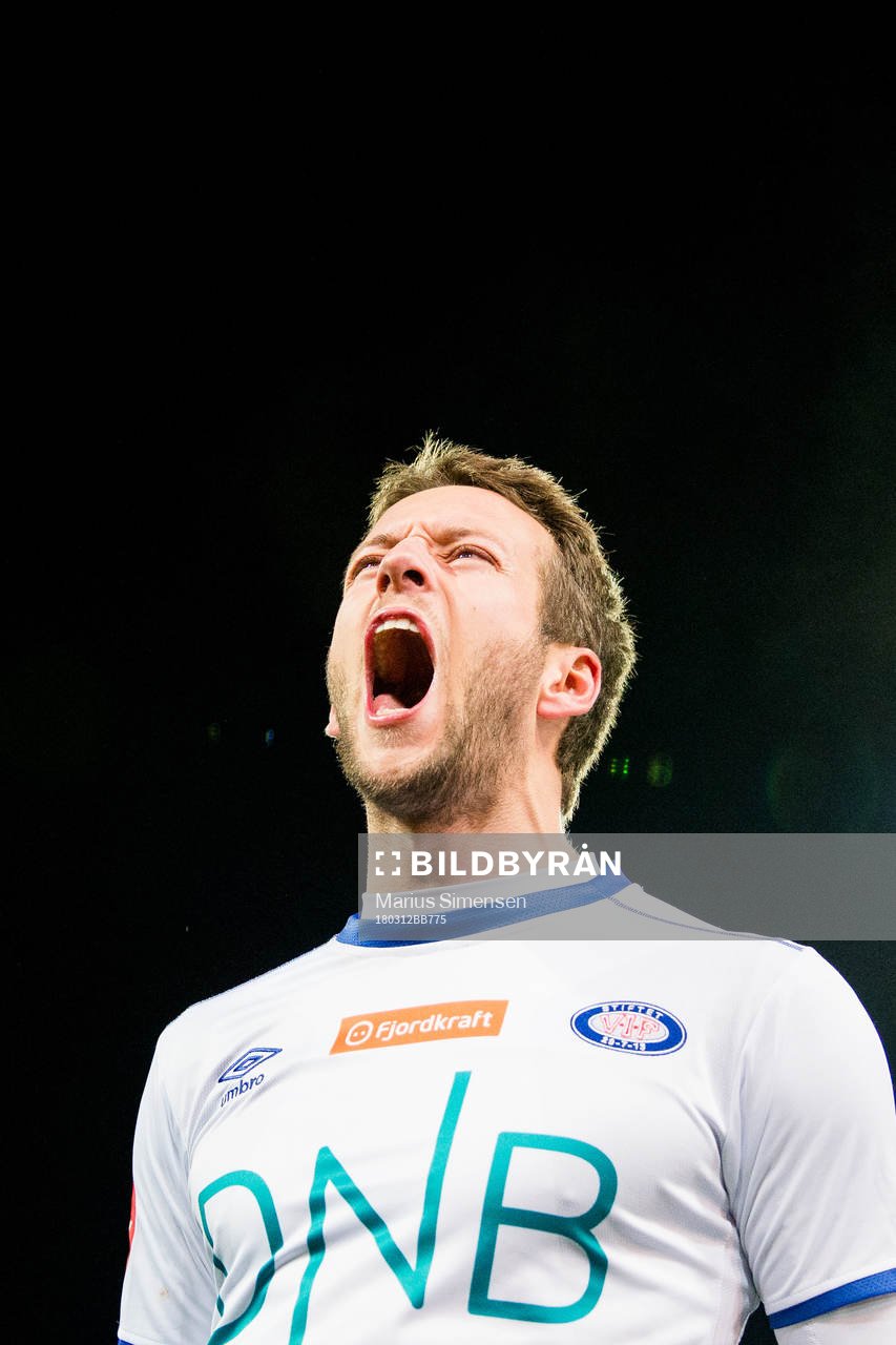 Jonatan Tollås Nation of Vålerenga celebrates after the Eliteserien match between Kristiansund and Vålerenga on March 12, 2018 in Kristiansund.