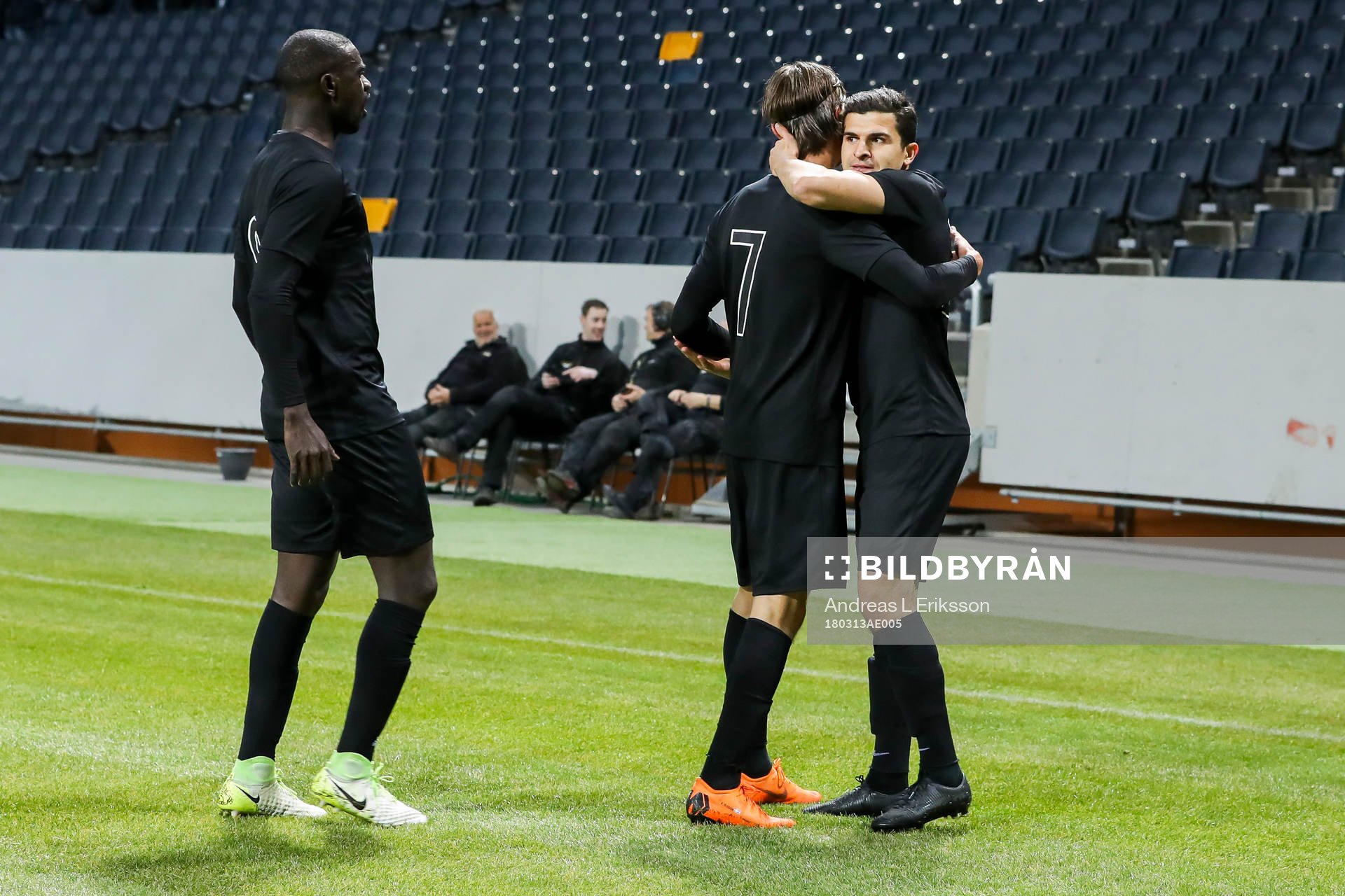 AIK:s Tarik Elyounoussi jublar med Enoch Kofi Adu och Kristoffer Olsson efter 1-0 under kvartsfinalen i Svenska cupen mellan AIK och Örebro den 13 mars 2018 i Stockholm.