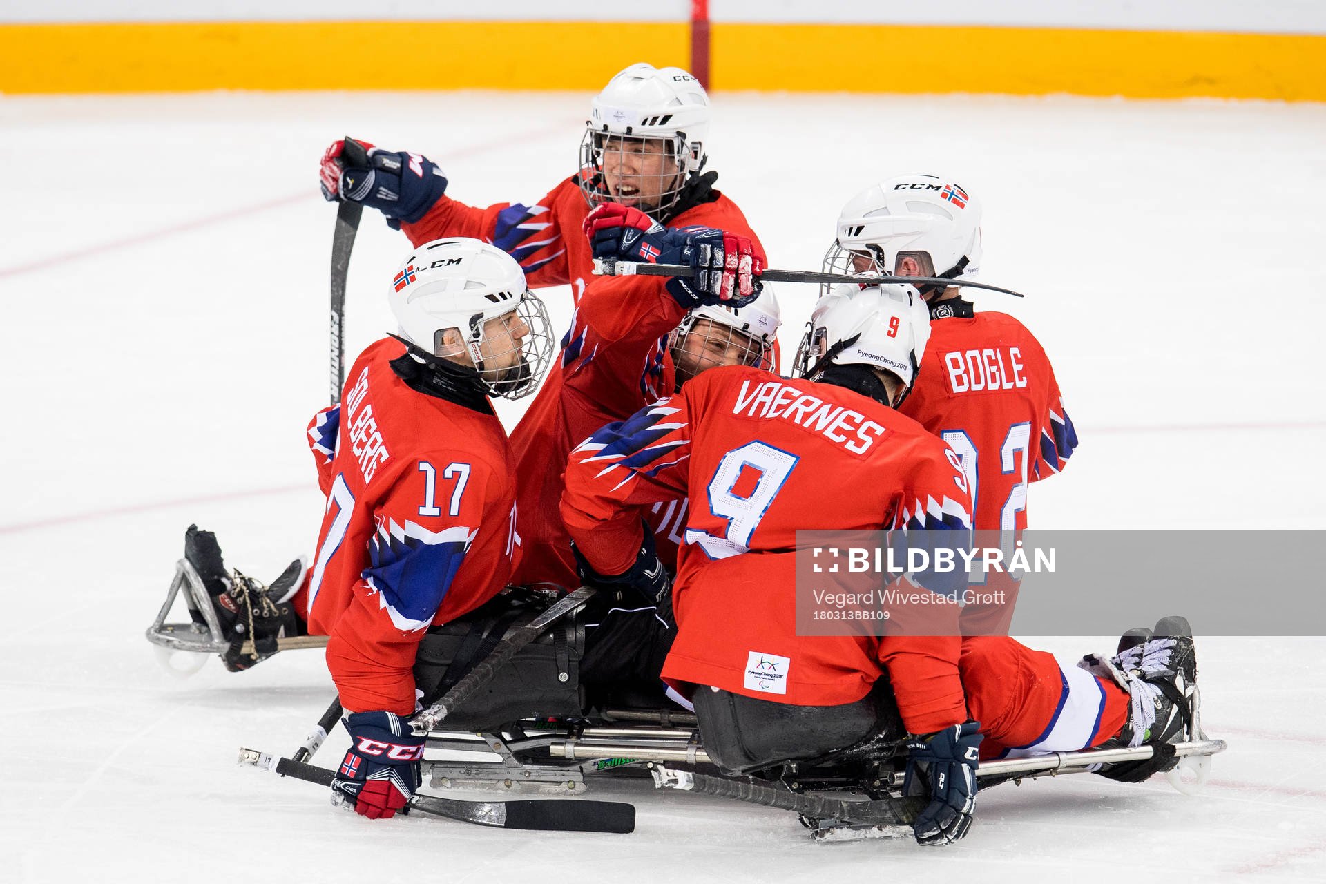 Knut André Nordstoga of Norway celebrates with teammates