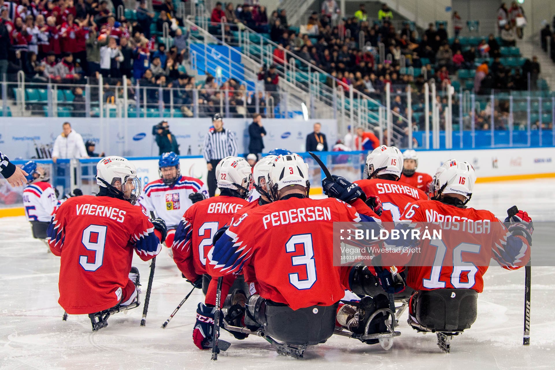 Rolf Einar Pedersen of Norway celebrates with teammates