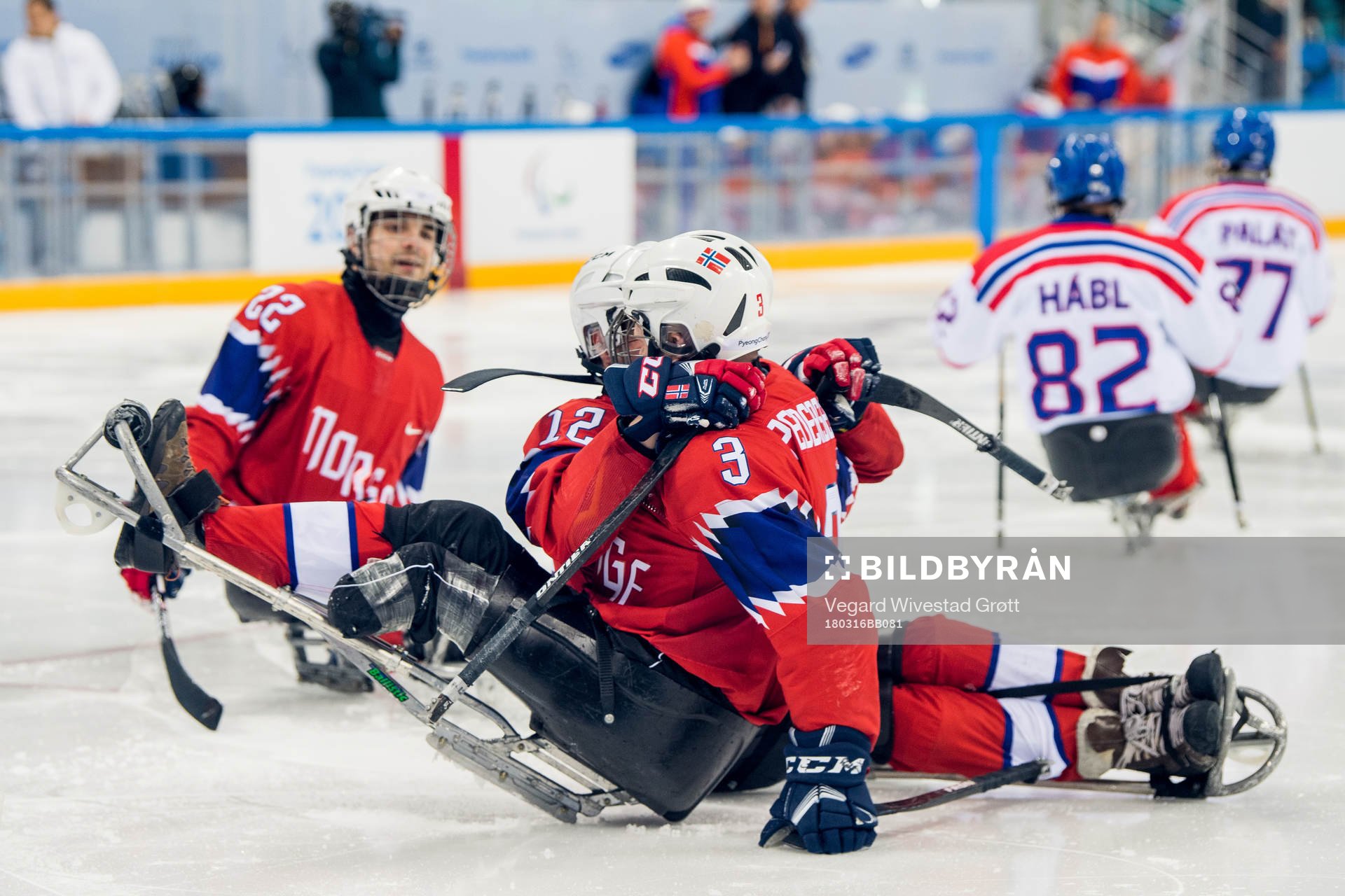 Rolf Einar Pedersen of Norway celebrates with teammates