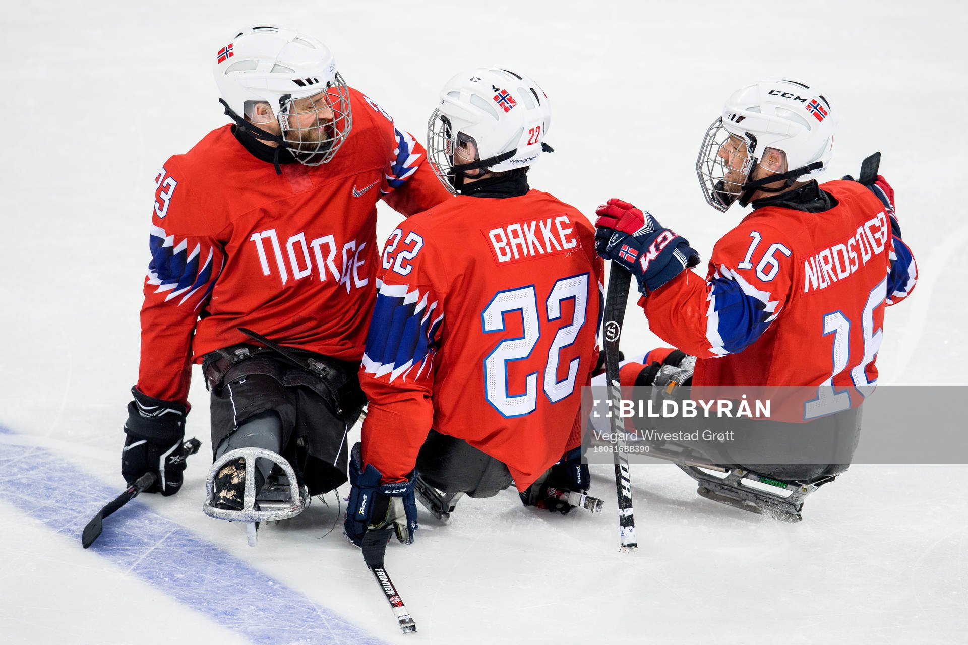 Audun Bakke of Norway celebrates with teammates Jan Roger