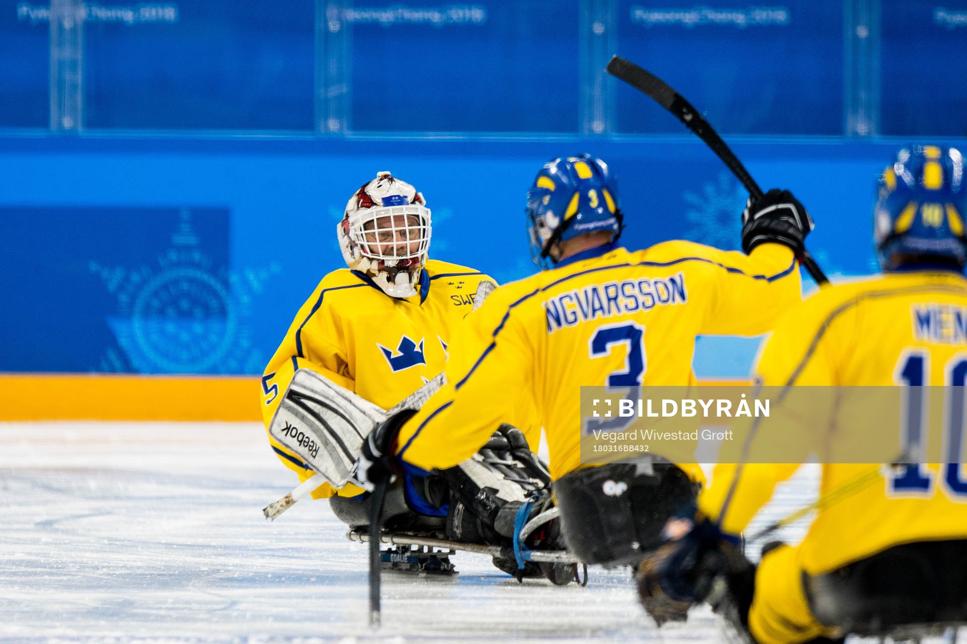 Niklas Ingvarsson of Sweden celebrates with goaltender Ulf