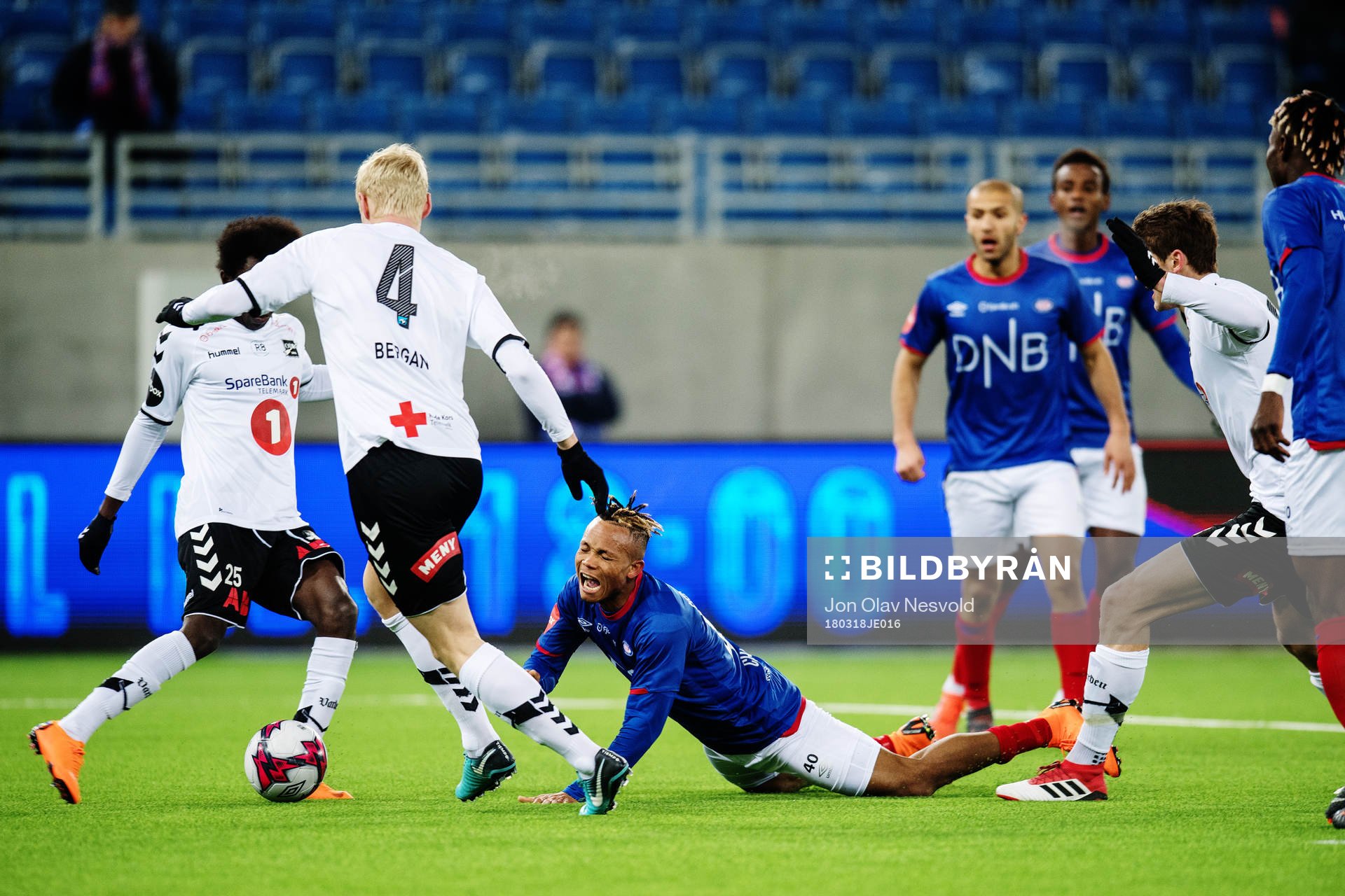 Chidera Ejuke of Vålerenga falls in the penalty area