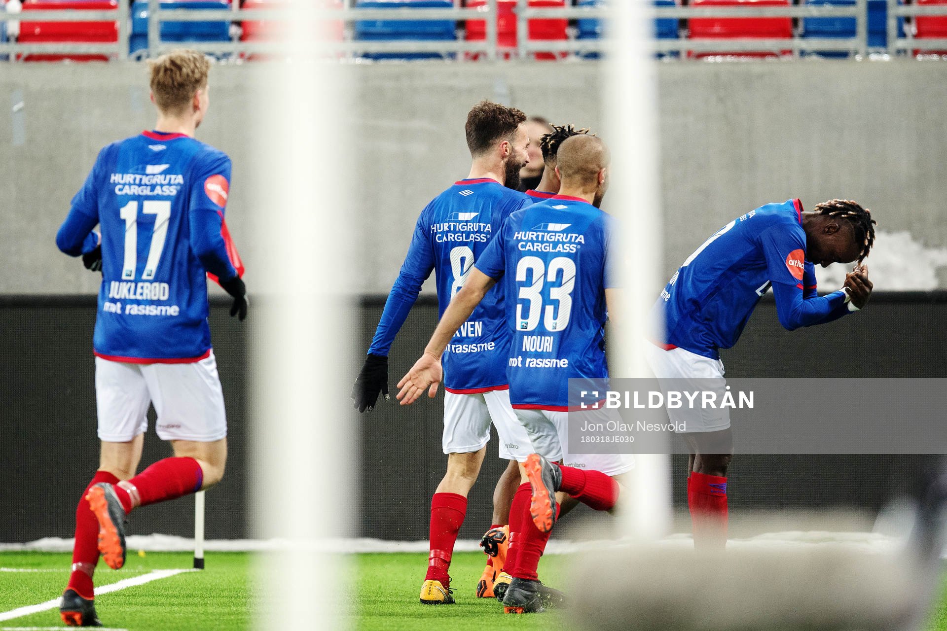 Sam Johnson of Vålerenga (right) celebrates scoring the