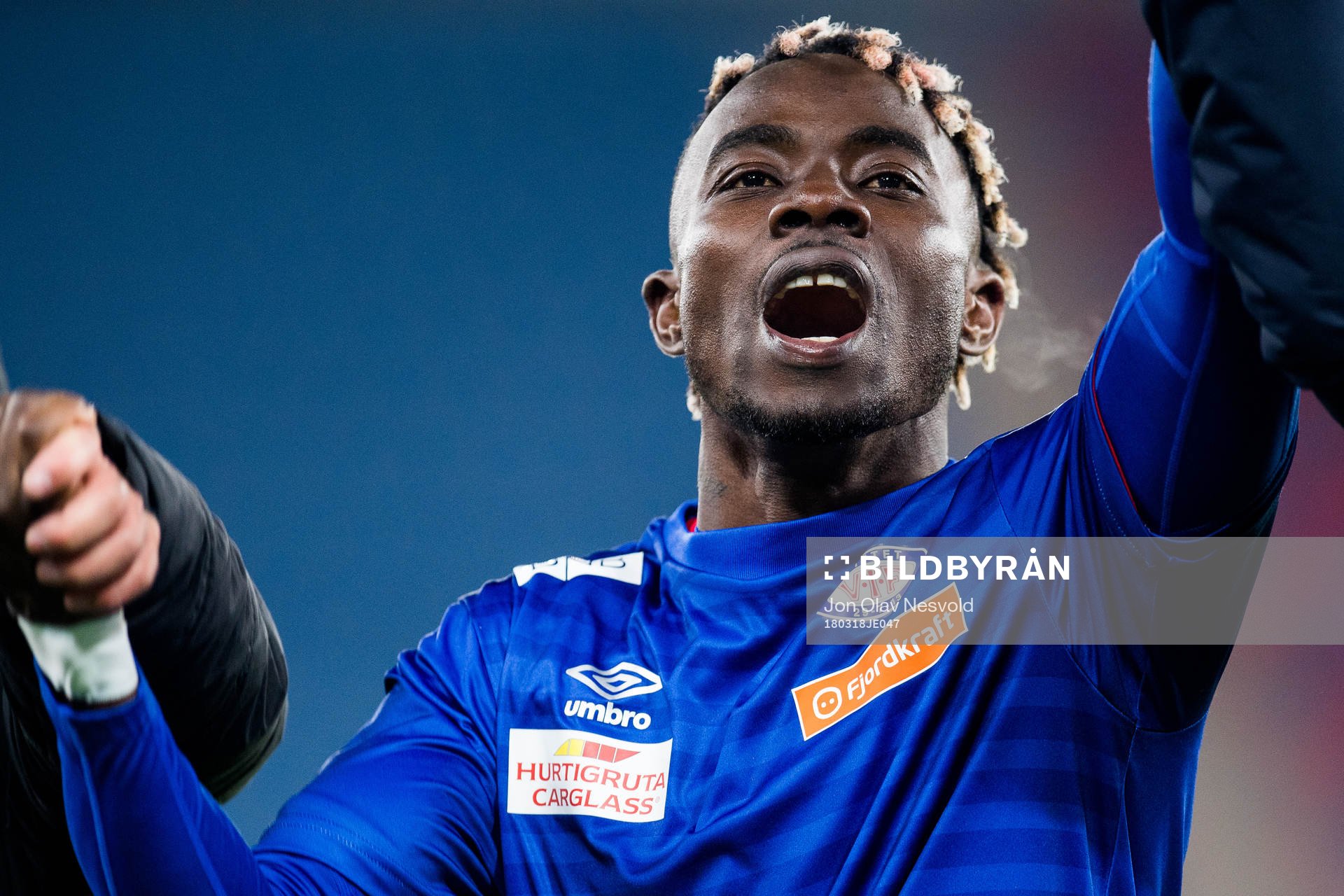 Sam Johnson of Vålerenga celebrates after the Eliteserien match between Vålerenga and Odd on March 18, 2018 in Oslo.