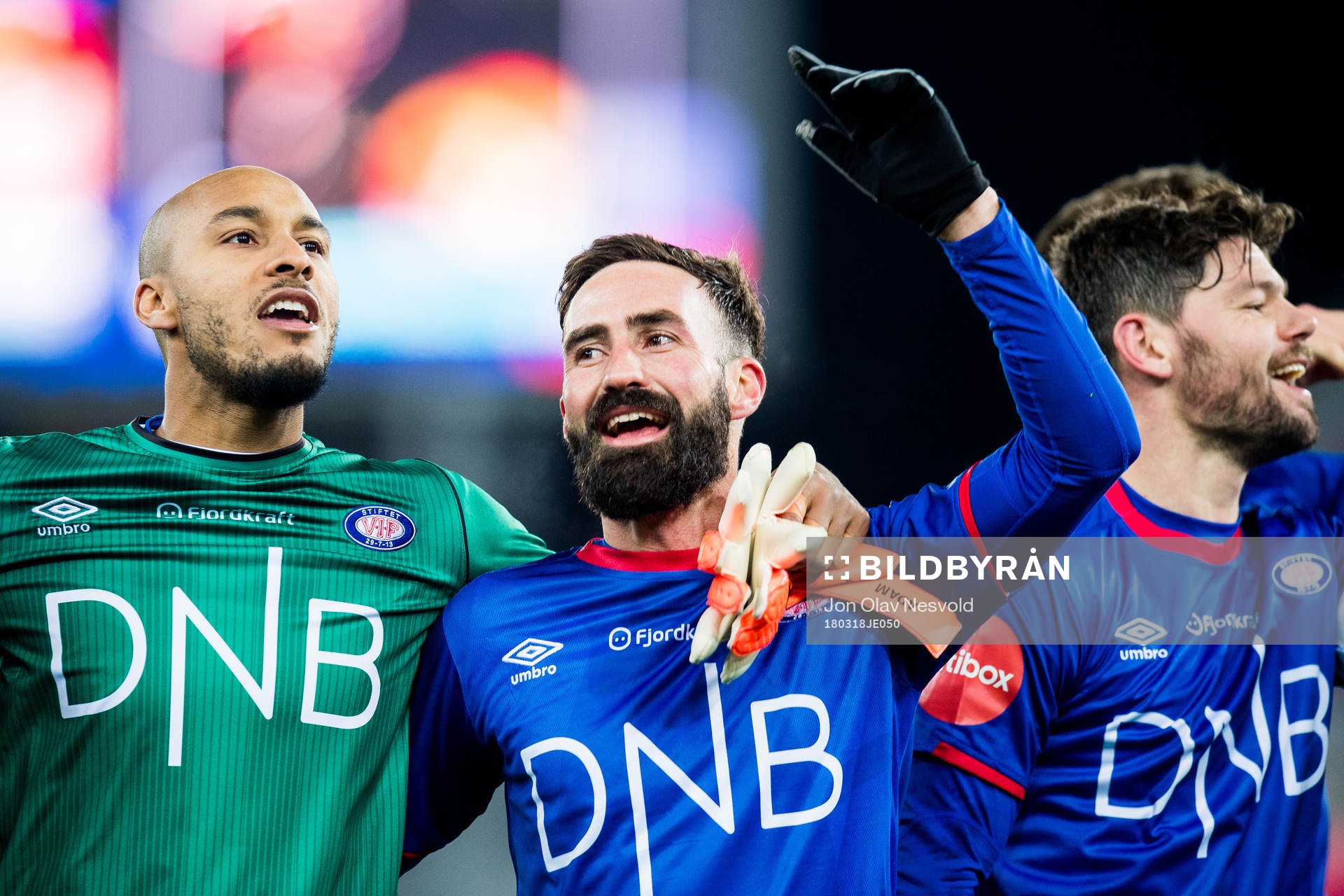 Goalkeeper Adam Larsen Kwarasey, Magnus Lekven and Daniel Fredheim Holm of Vålerenga celebrate after the Eliteserien match between Vålerenga and Odd on March 18, 2018 in Oslo.
