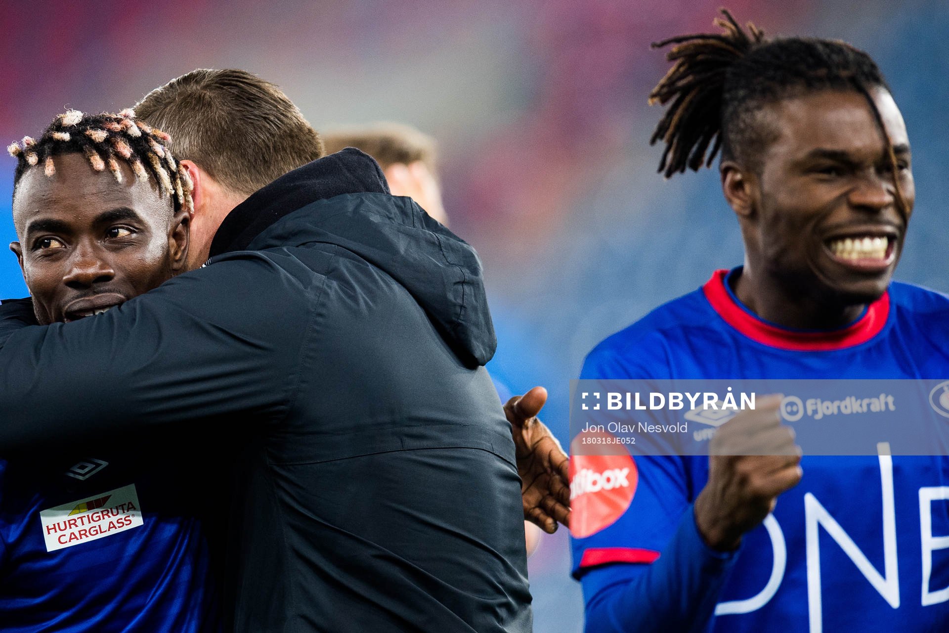 Sam Johnson of Vålerenga and Samuel Adekugbe of Vålerenga celebrate after the Eliteserien match between Vålerenga and Odd on March 18, 2018 in Oslo.