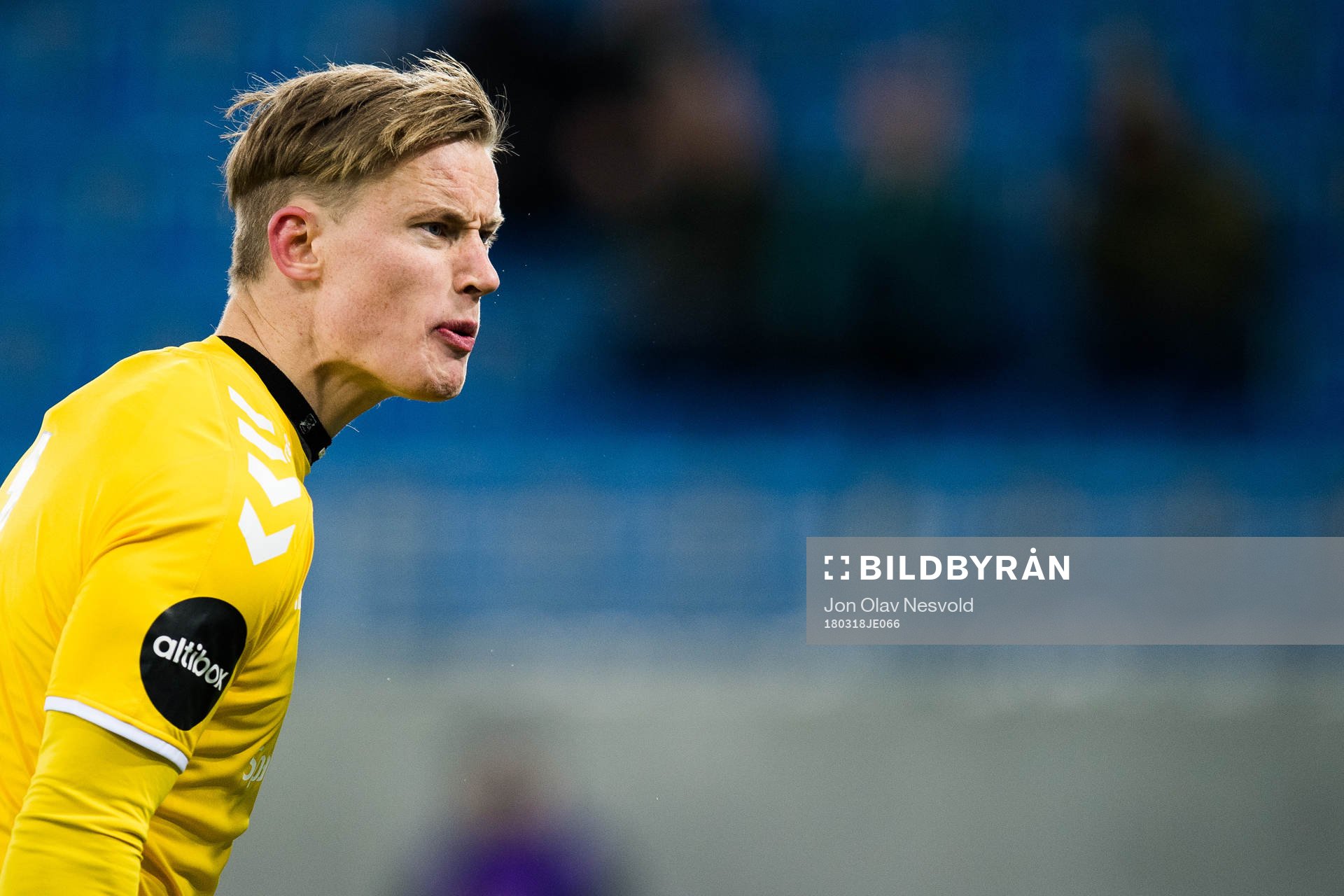 Goalkeeper Sondre Løvseth Rossbach of Odd reacts during the Eliteserien match between Vålerenga and Odd on March 18, 2018 in Oslo.