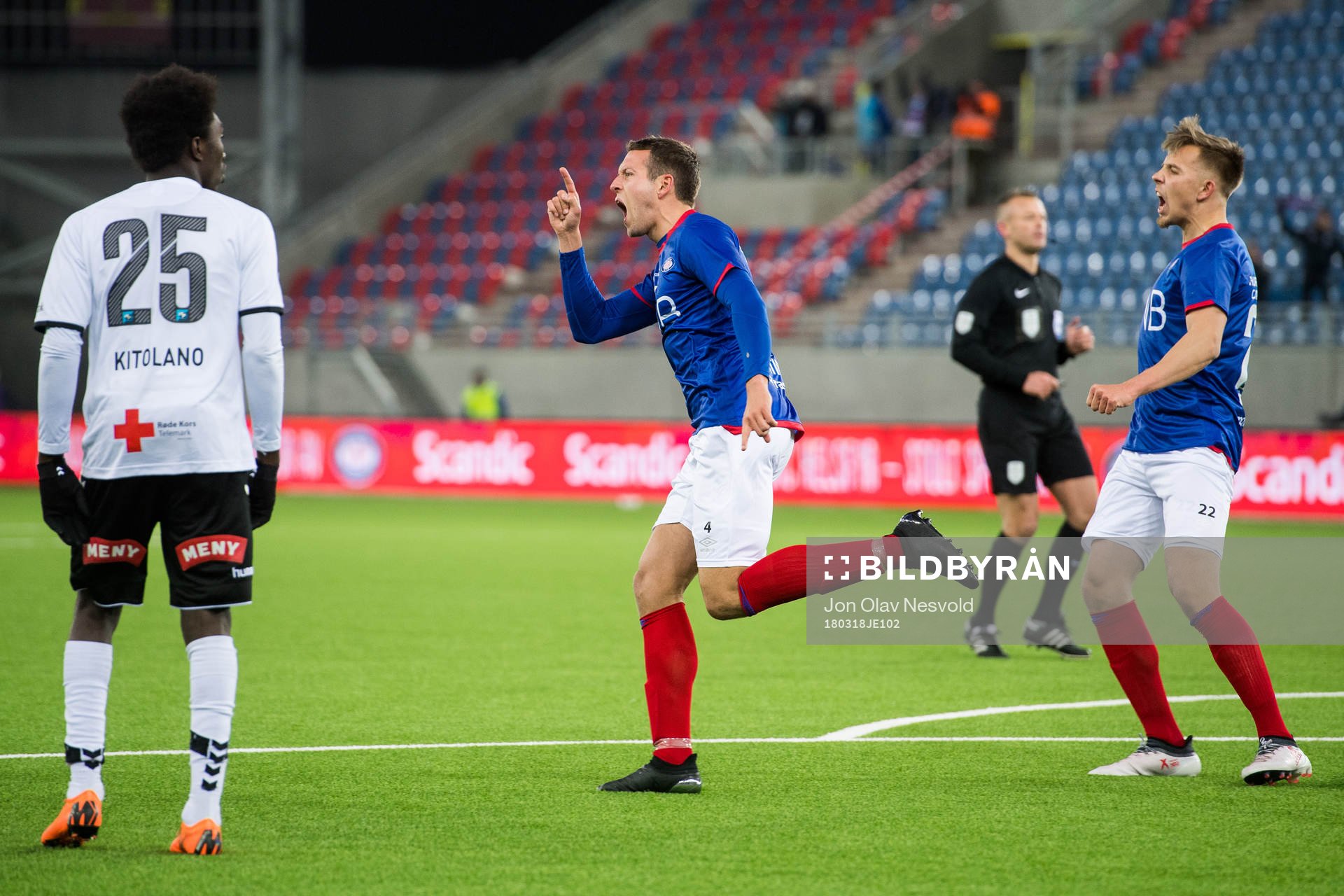 Jonatan Tollås Nation of Vålerenga and Ivan Näsberg of Vålerenga celebrate 1-1 during the Eliteserien match between Vålerenga and Odd on March 18, 2018 in Oslo.