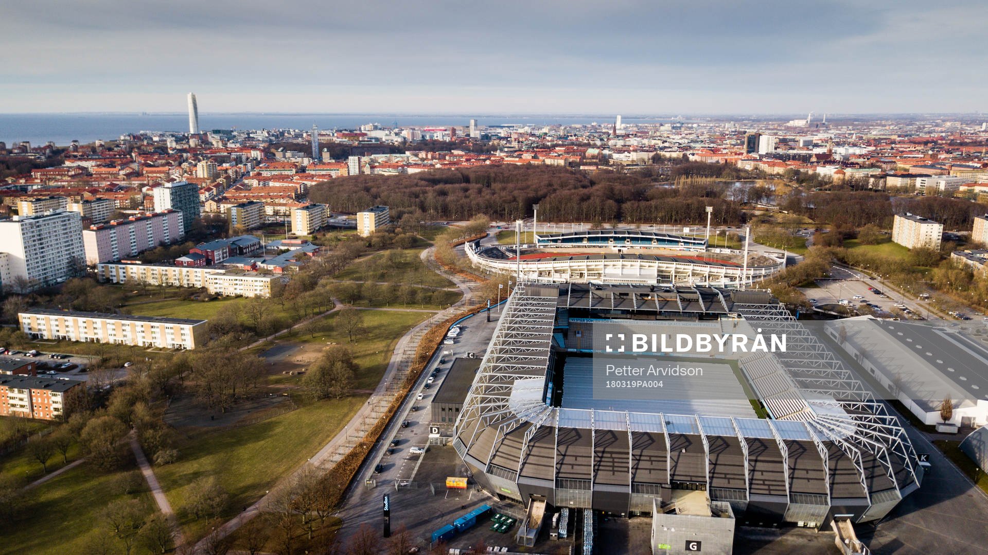 Malmö FFs hemmaarena Stadion och gamla Malmö Stadion fotograferad den 19 mars 2018 i Malmö.