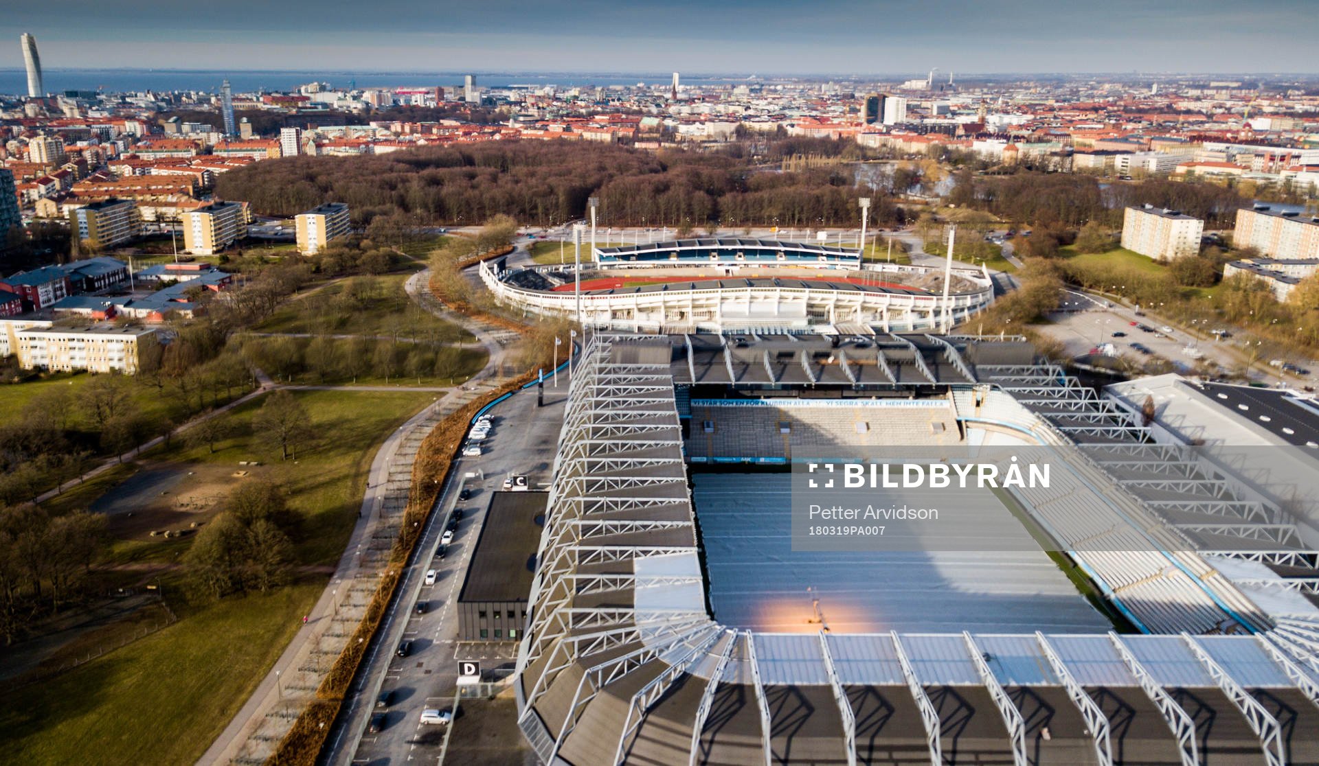 Malmö FFs hemmaarena Stadion och gamla Malmö Stadion fotograferad den 19 mars 2018 i Malmö.