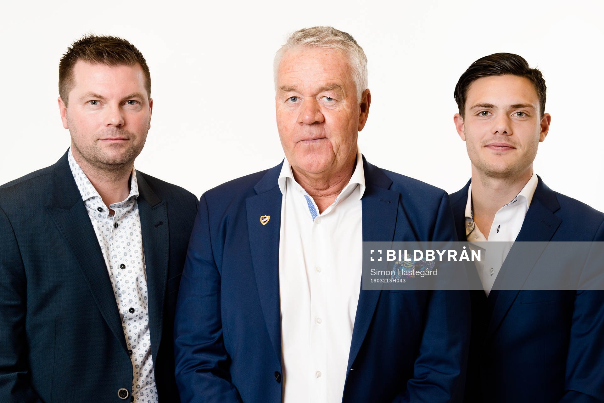 Jens Gustafsson, Tränare, och Peter Hunt, ordförande och David Moberg Karlsson, Norrköping, poserar för porträtt under fotbollsallsvenskans upptaktsträff den 21 mars 2018 i Stockholm.