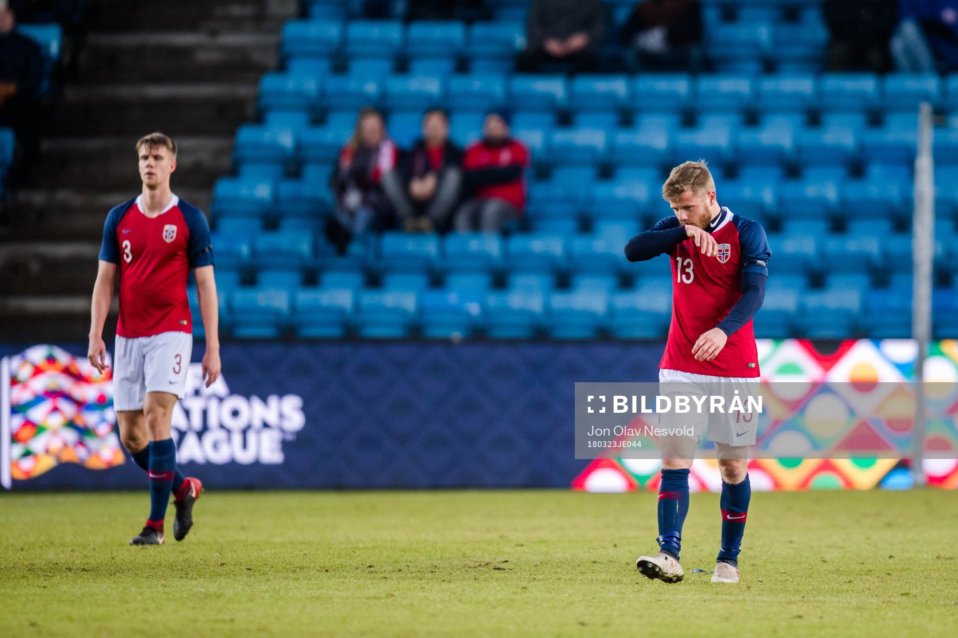 Kristoffer Ajer and Fredrik Midtsjø of Norway looks