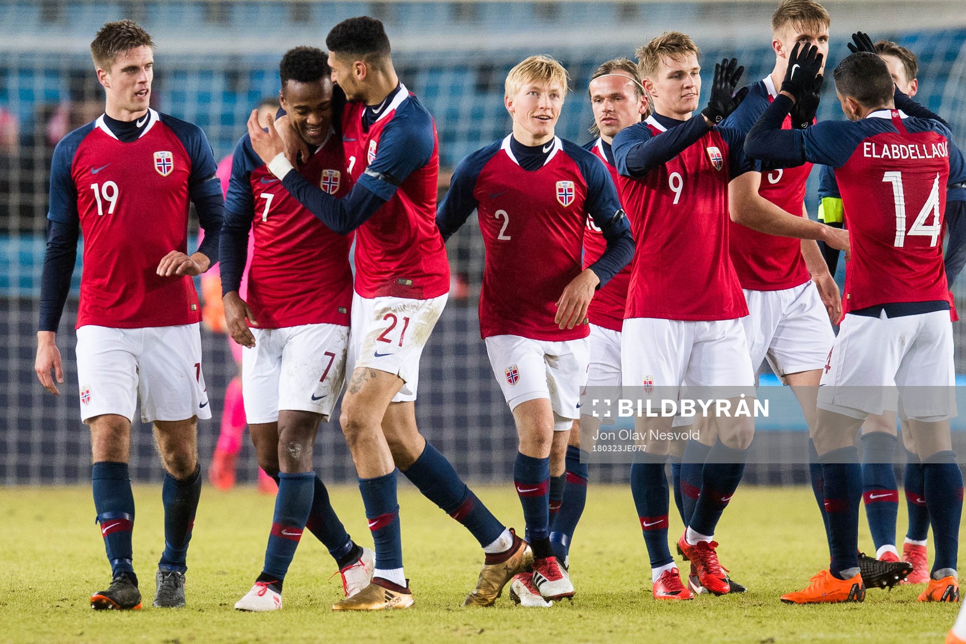 Ola Kamara of Norway celebrates 4-1 and hat trick with his teammates during the international friendly football match between Norway and Australia on March 23, 2018 in Oslo.