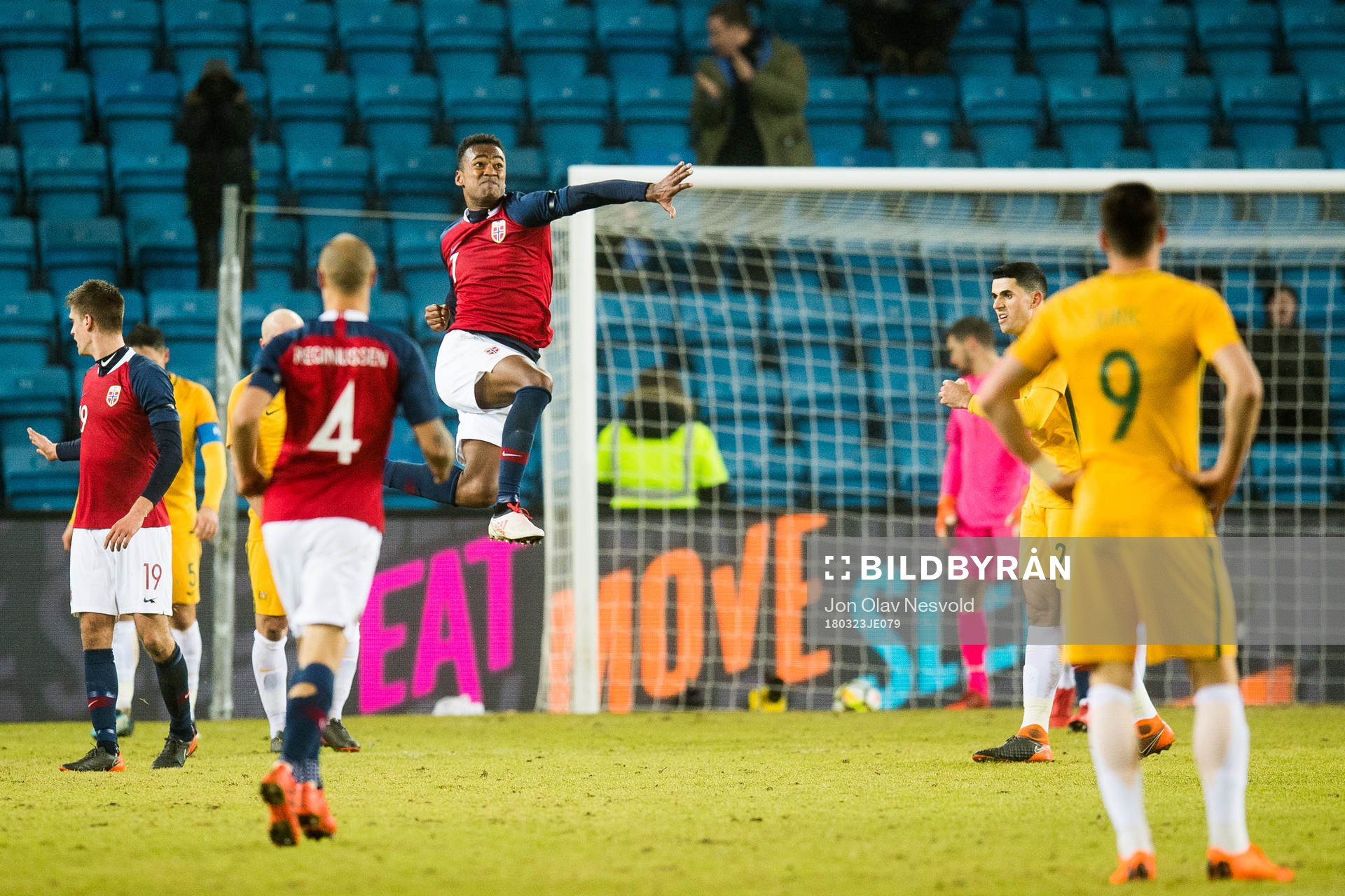 Ola Kamara of Norway celebrates 4-1 and hat trick during the international friendly football match between Norway and Australia on March 23, 2018 in Oslo.