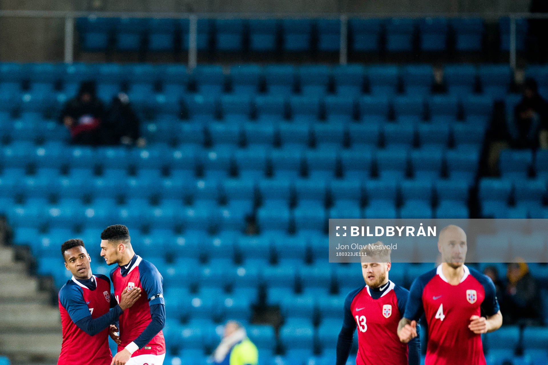 Ola Kamara of Norway, Bjørn Maars Johnsen of Norway, Fredrik Midtsjø of Norway and Tore Reginiussen of Norway celebrate 3-1 during the international friendly football match between Norway and Australia on March 23, 2018 in Oslo.