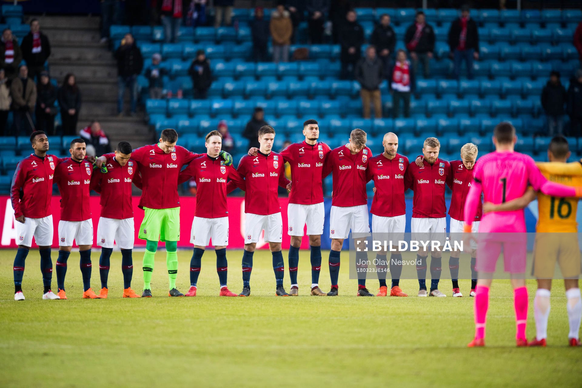The players of Norway and Australia during one minute silence ahead of the international friendly football match between Norway and Australia on March 23, 2018 in Oslo.