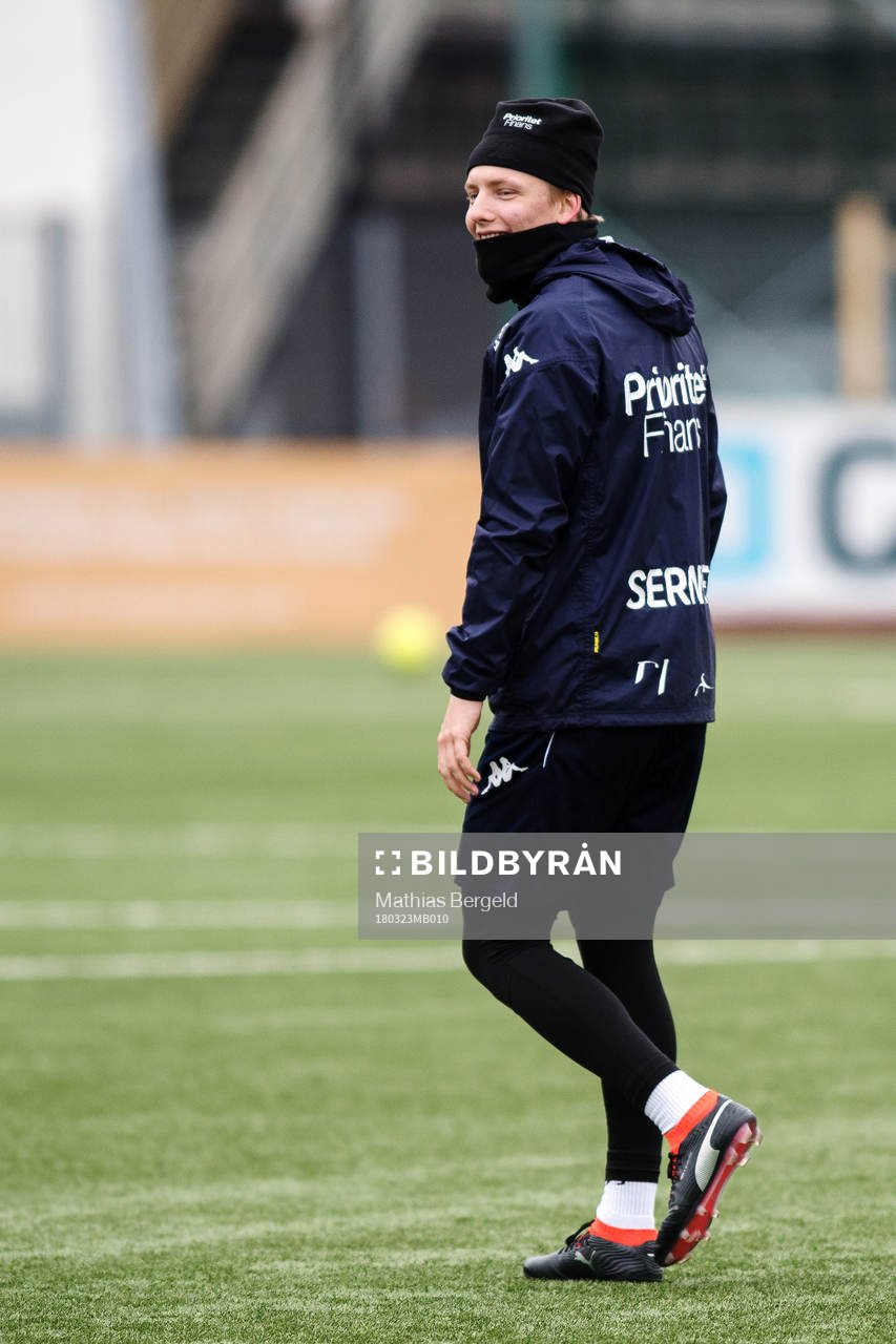 Billy Nordström under en träning med det allsvenska fotbollslaget IFK Göteborg den 23 mars 2018 i Göteborg.