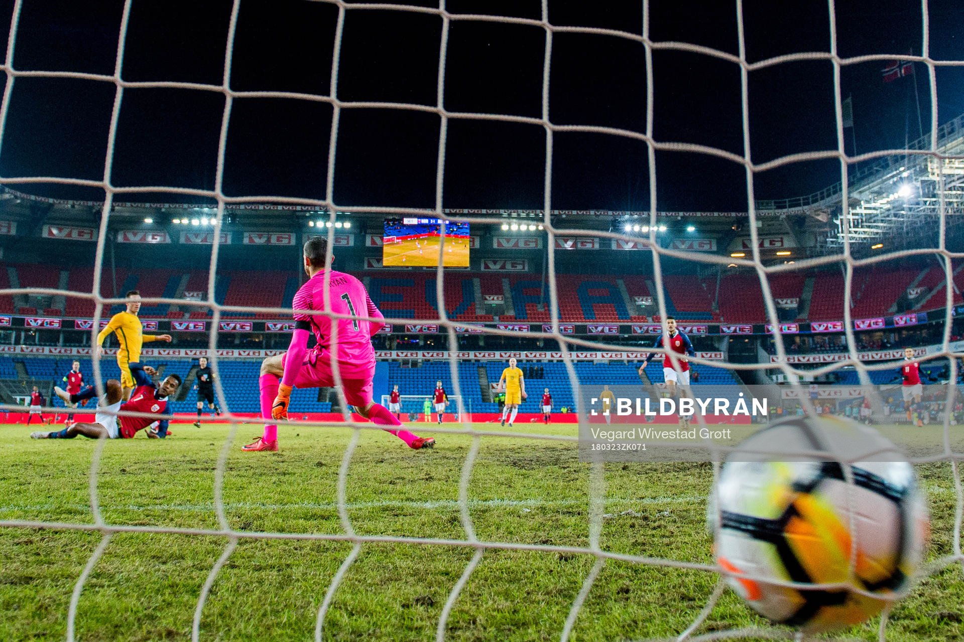 Ola Kamara of Norway scores 3-1 behind goalkeeper Mat Ryan