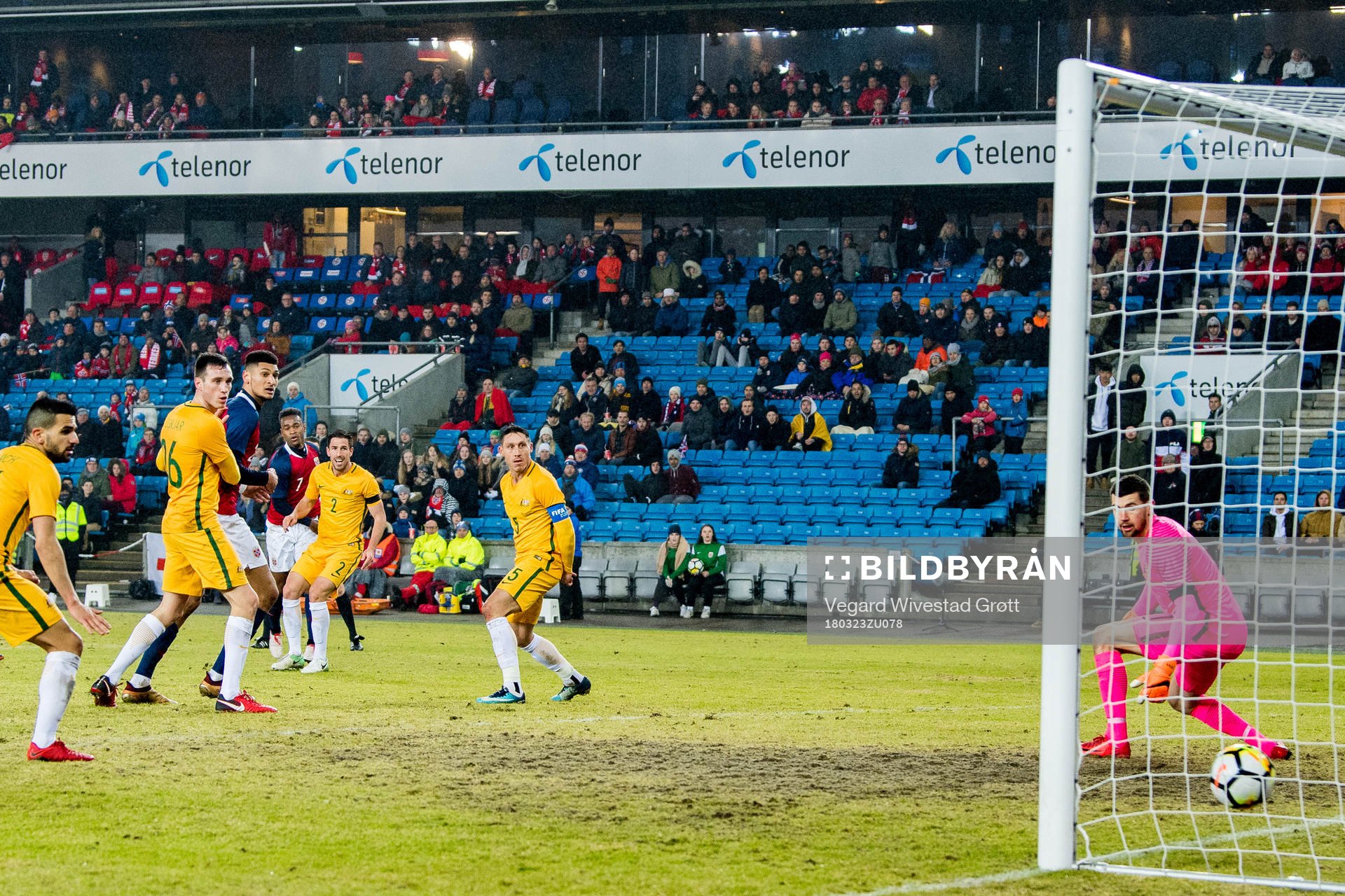 Ola Kamara of Norway scores 4-1 behind goalkeeper Mat Ryan