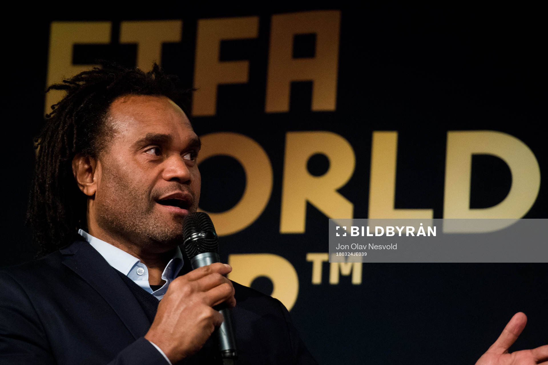 Christian Karembeu, former football player and World Cup winner, presents the World Cup Trophy during the FIFA World Cup Trophy Tour on March 24, 2018 in Oslo.