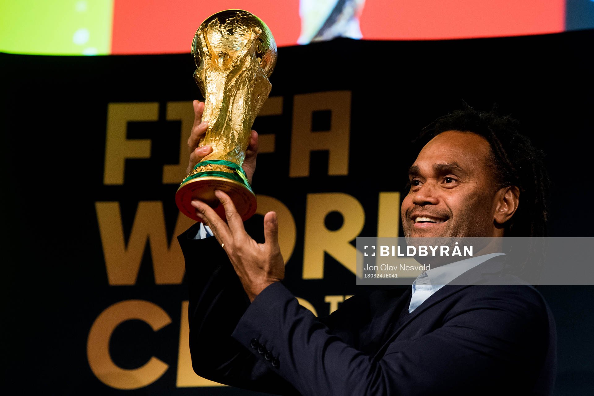 Christian Karembeu, former football player and World Cup winner, presents the World Cup Trophy during the FIFA World Cup Trophy Tour on March 24, 2018 in Oslo.