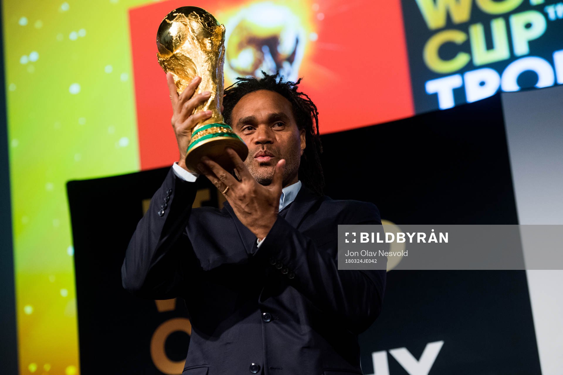 Christian Karembeu, former football player and World Cup winner, presents the World Cup Trophy during the FIFA World Cup Trophy Tour on March 24, 2018 in Oslo.
