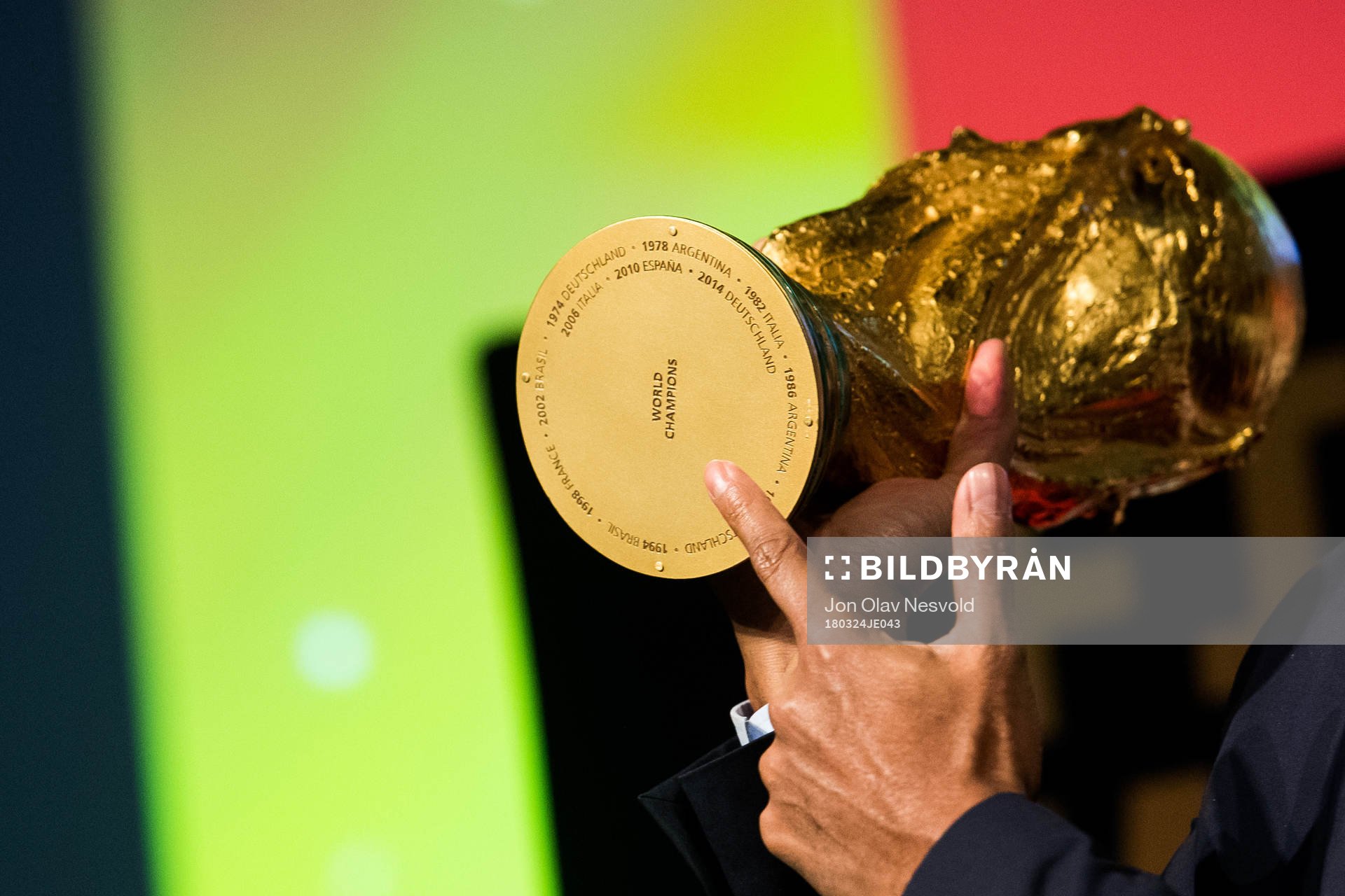 Christian Karembeu, former football player and World Cup winner, presents the World Cup Trophy during the FIFA World Cup Trophy Tour on March 24, 2018 in Oslo.