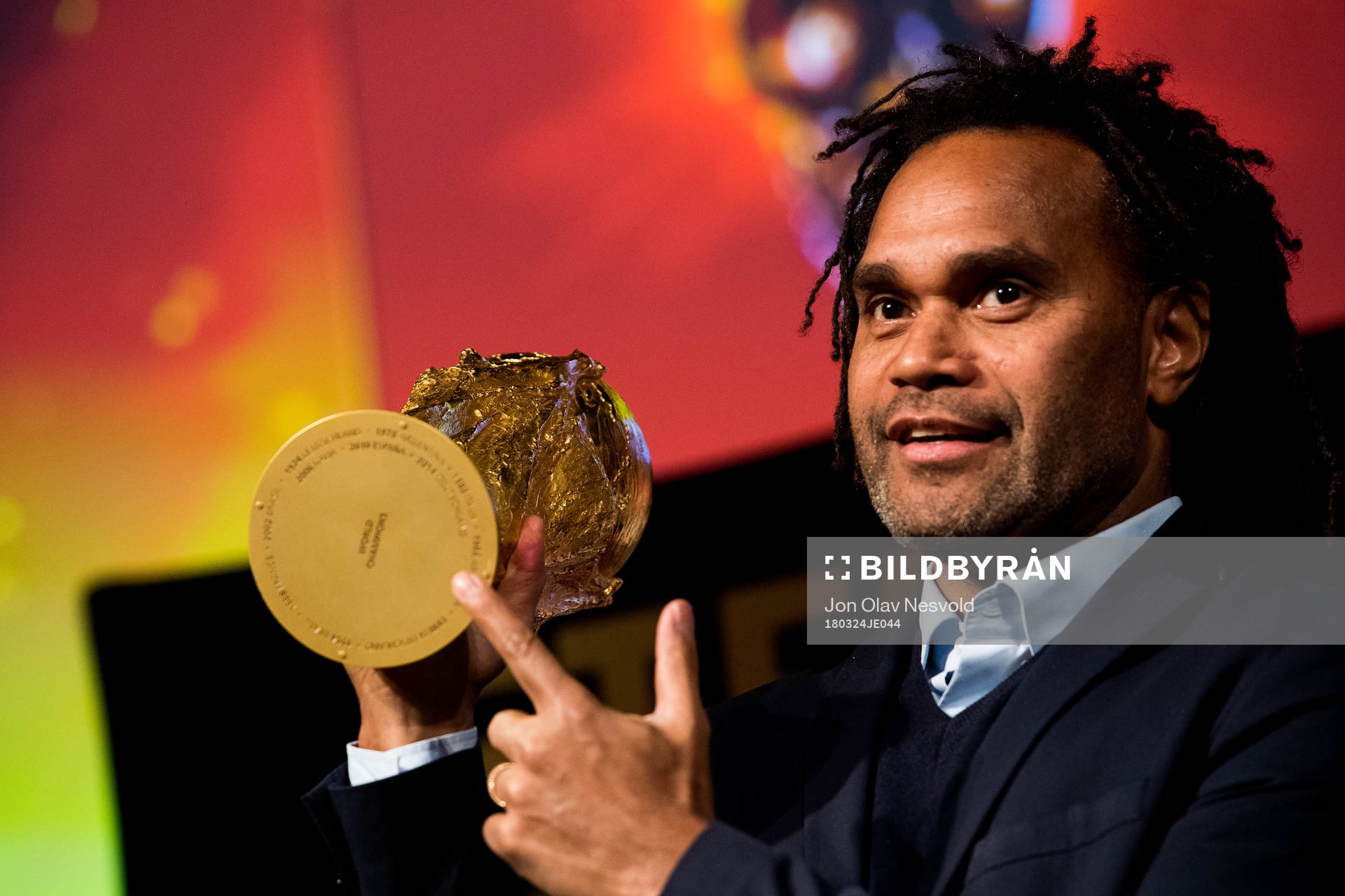Christian Karembeu, former football player and World Cup winner, presents the World Cup Trophy during the FIFA World Cup Trophy Tour on March 24, 2018 in Oslo.