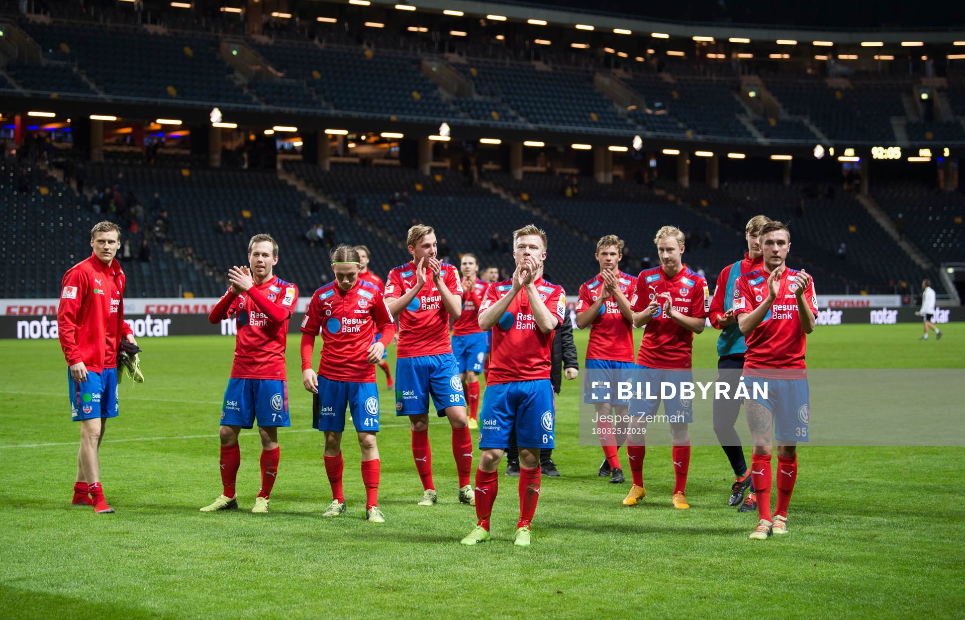 Helsingborgs spelare jublar efter träningsmatchen i fotboll mellan AIK och Helsingborg den 25 mars 2018 i Stockholm.