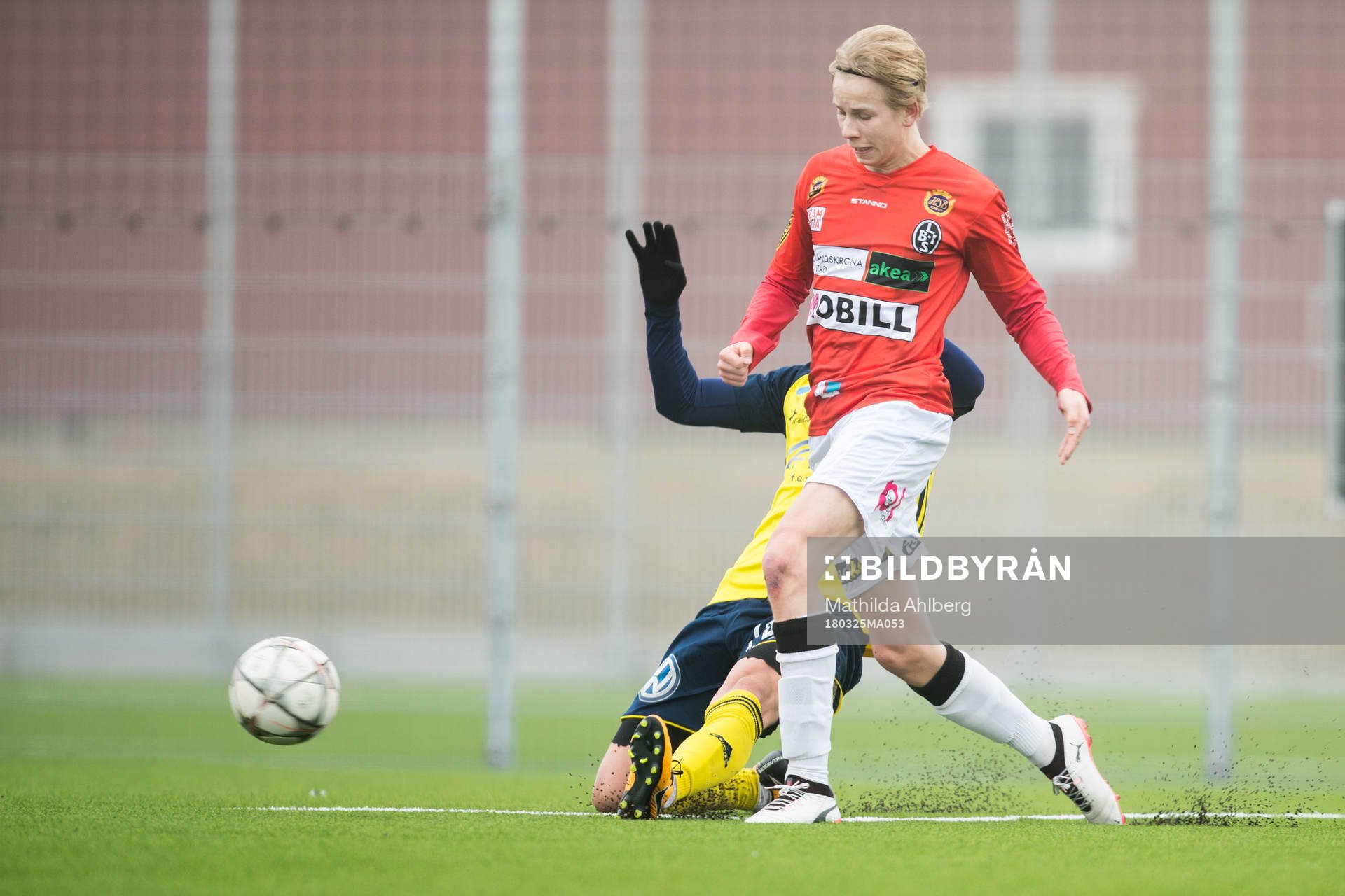 Landskronas Jakob Andersson under träningsmatchen i fotboll mellan Ängelholm och Landskrona den 25 mars 2018 i Ängelholm.