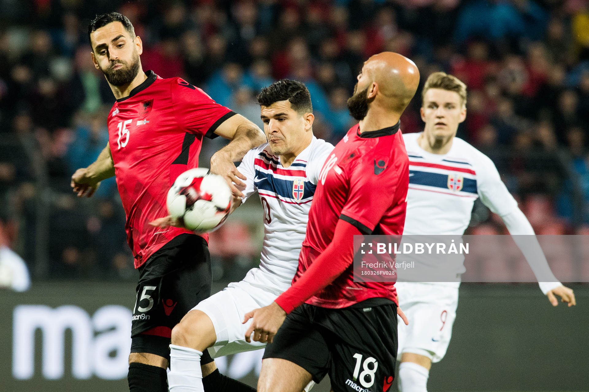 Mërgim Mavraj of Albania, Tarik Elyounoussi of Norway,