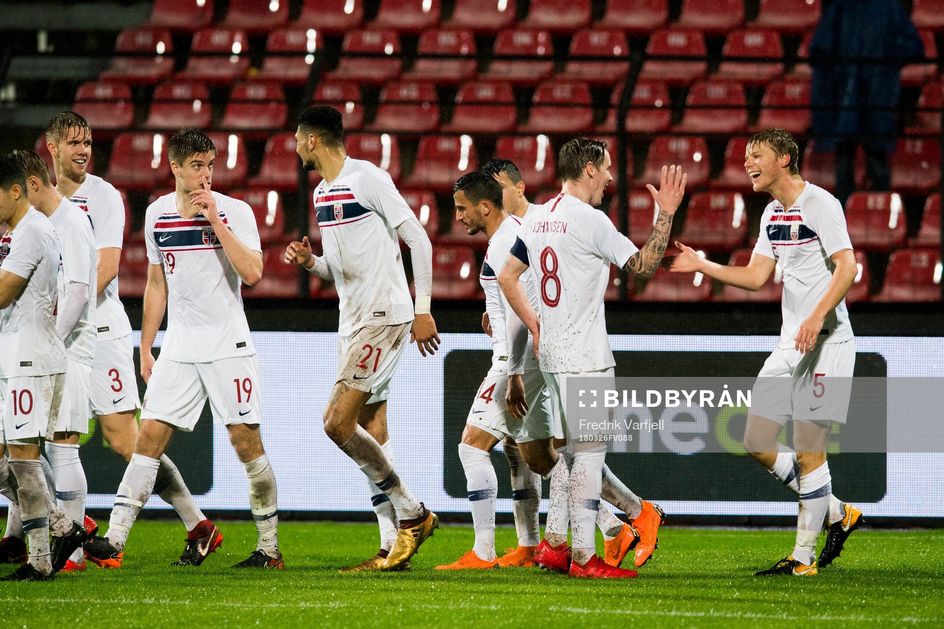 Sigurd Rosted of Norway celebrates 1-0 with his teammates
