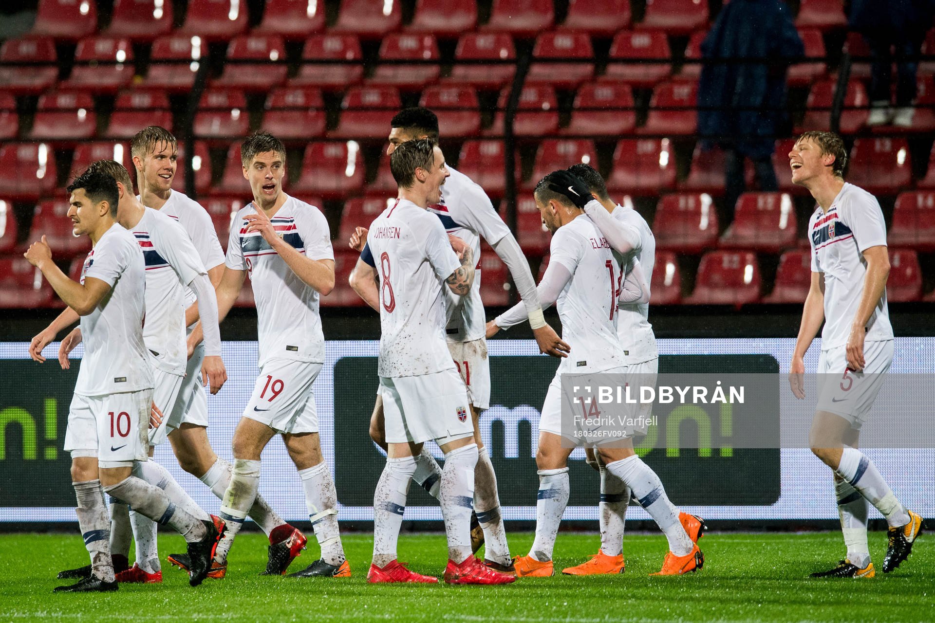 Sigurd Rosted of Norway celebrates 1-0 with his teammates