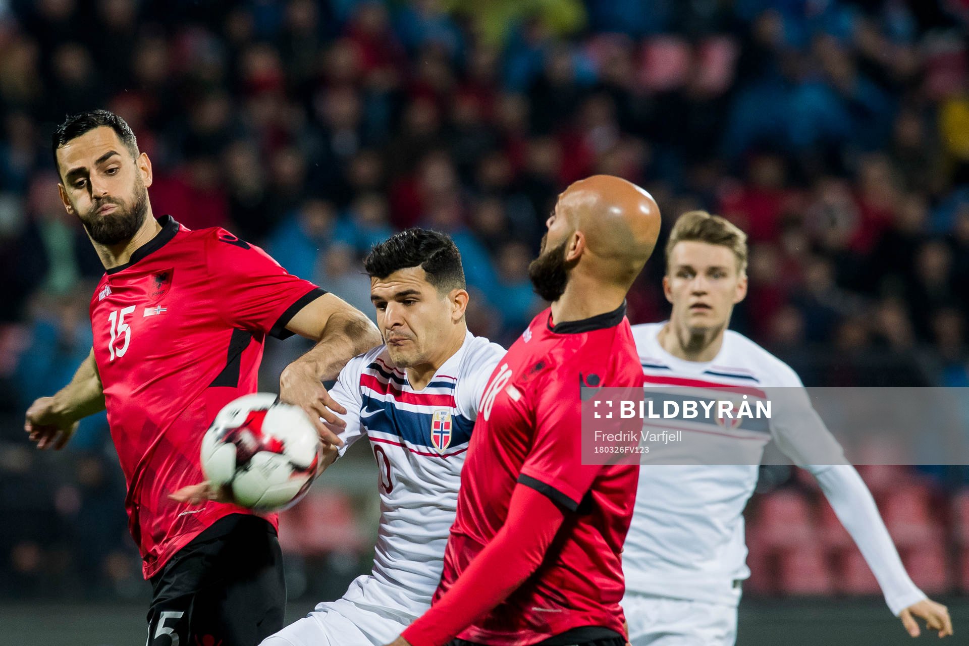 Mërgim Mavraj of Albania, Tarik Elyounoussi of Norway,