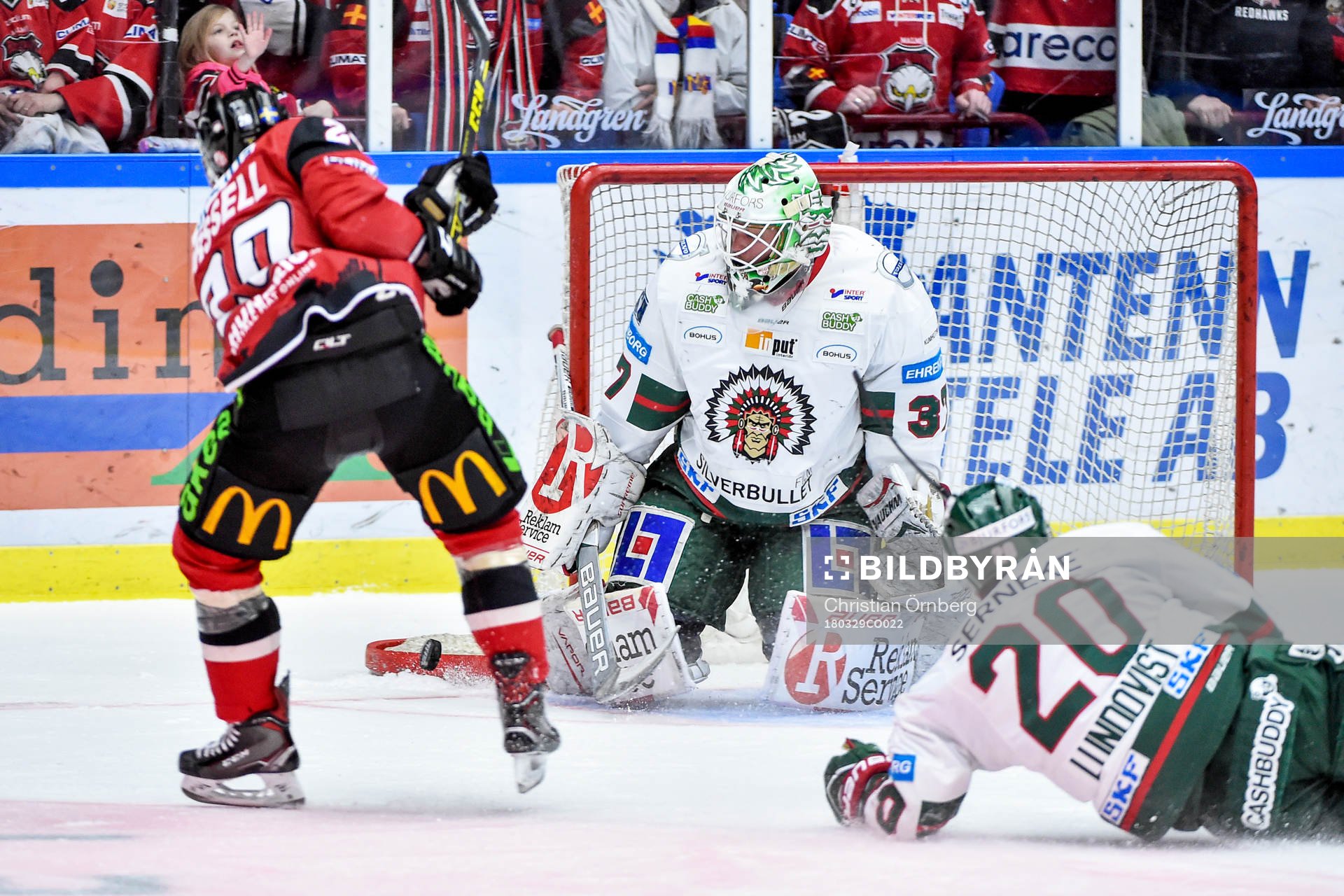 Malmö Redhawks Erik Forssell och Frölundas målvakt Johan