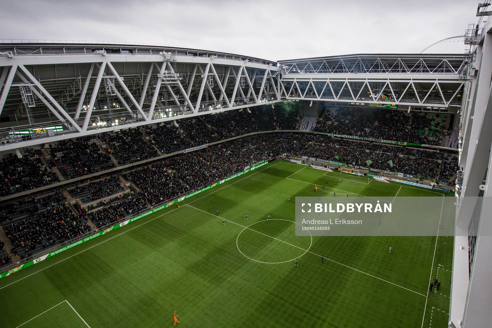 Generell vy över Tele2 Arena under fotbollsmatchen i Allsvenskan mellan Hammarby och Sirius den 1 april 2018 i Stockholm. 