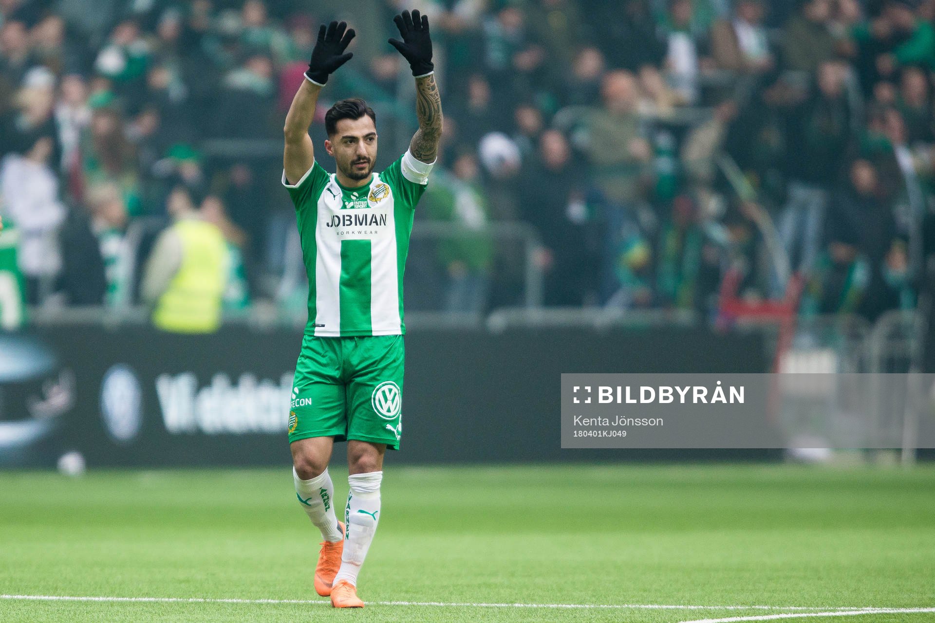 Hammarbys Jiloan Hamad jublar efter 2-0 under fotbollsmatchen i Allsvenskan mellan Hammarby och Sirius den  1 April 2018 i Stockholm. 