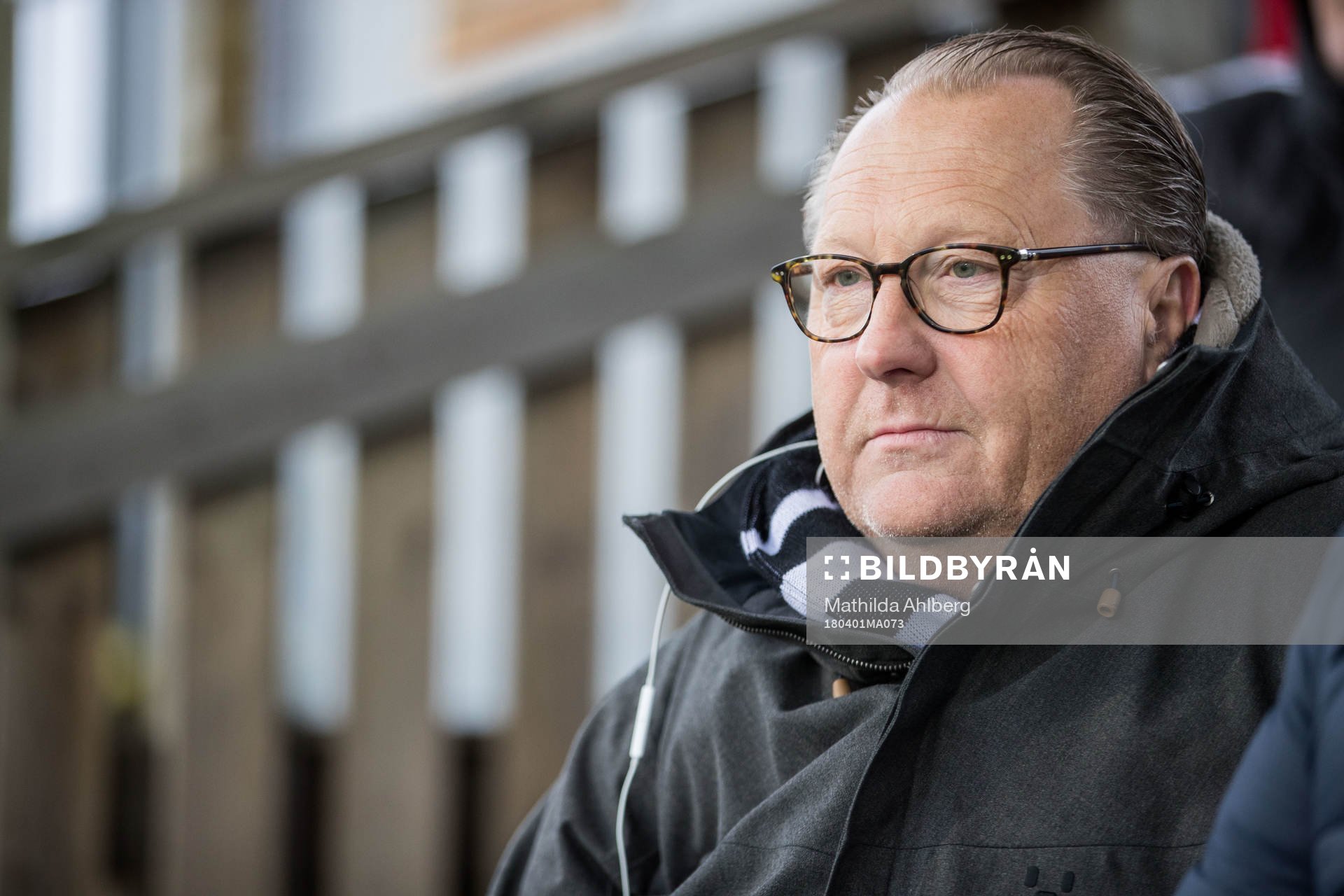 Landskronas föredetta styrelseledamot Peter Condrup på läktaren under fotbollsmatchen i Superettan mellan Landskrona och Falkenberg den 1 april 2018 i Landskrona.
