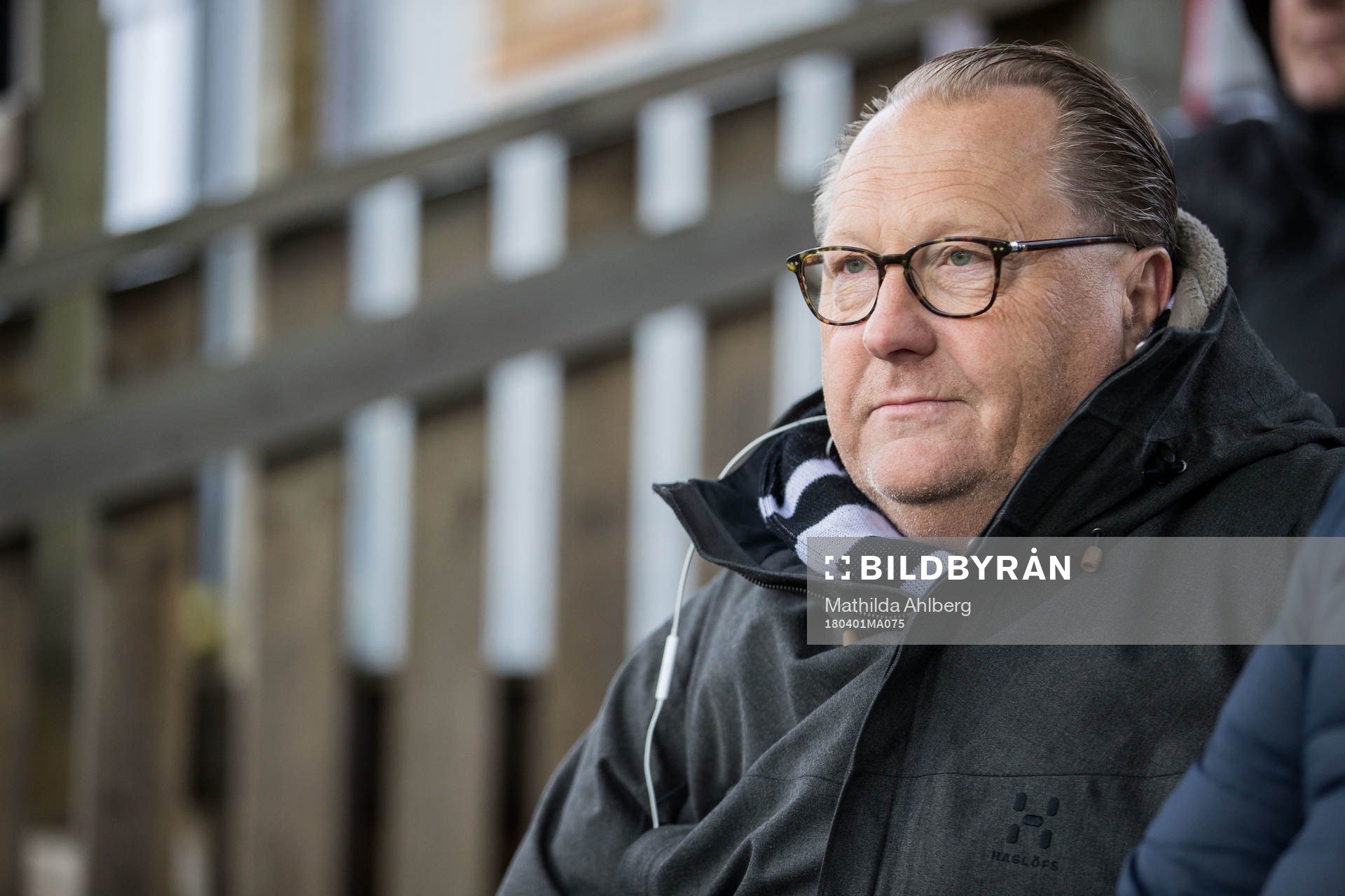 Landskronas föredetta styrelseledamot Peter Condrup på läktaren under fotbollsmatchen i Superettan mellan Landskrona och Falkenberg den 1 april 2018 i Landskrona.