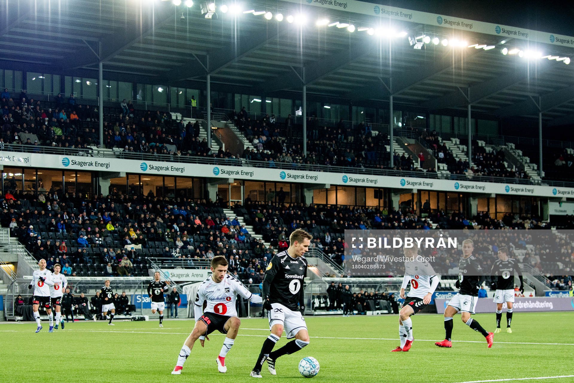 Vebjørn Alvestad Hoff of Odd and Anders Konradsen of Rosenborg during the Eliteserien match between Odd and Rosenborg on April 2, 2018 in Skien.