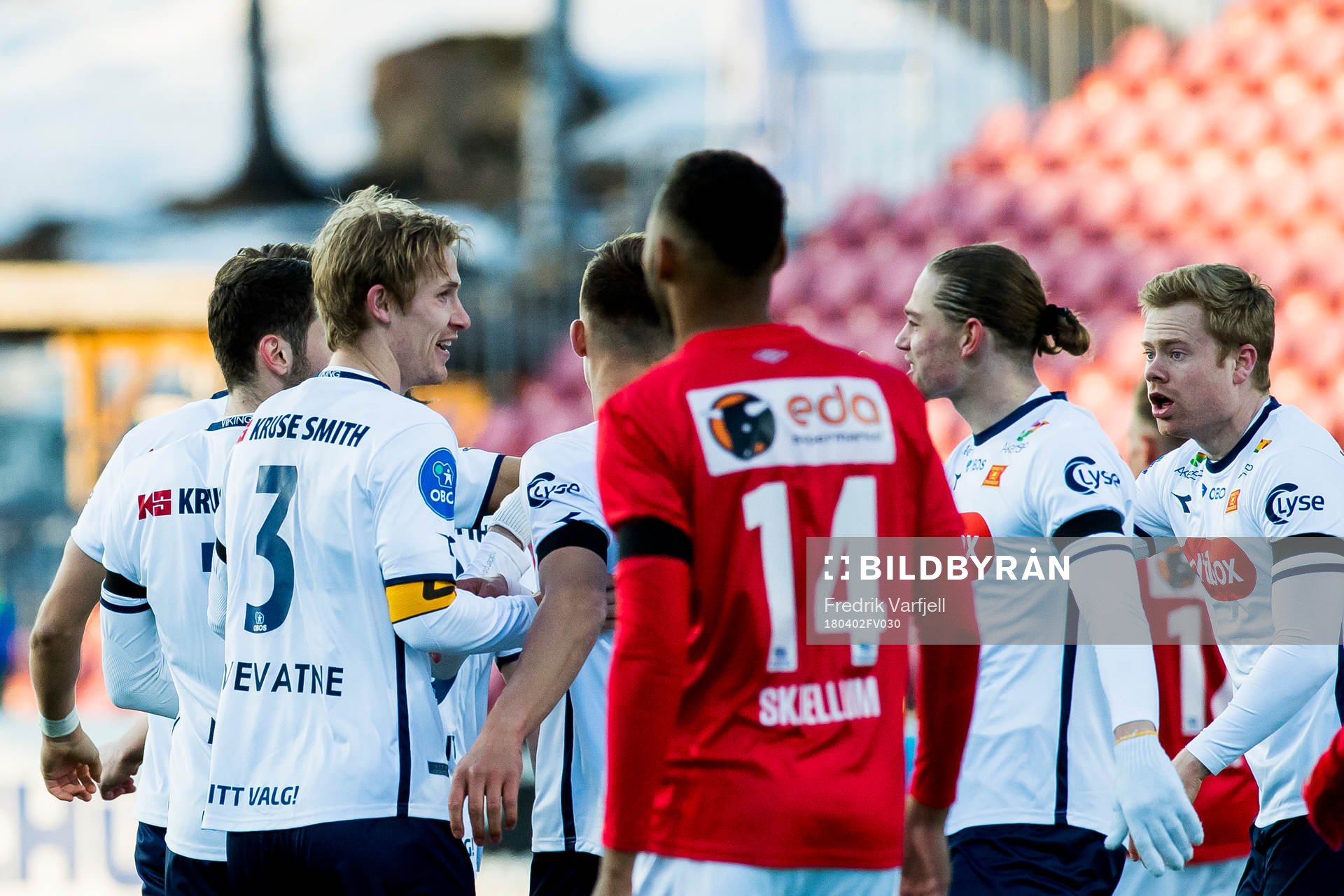 Viljar Helland Vevatne of Viking celebrates with his teammates after scoring 2-0 during the OBOS-ligaen match between Kongsvinger and Viking on April 2, 2018 in Kongsvinger.