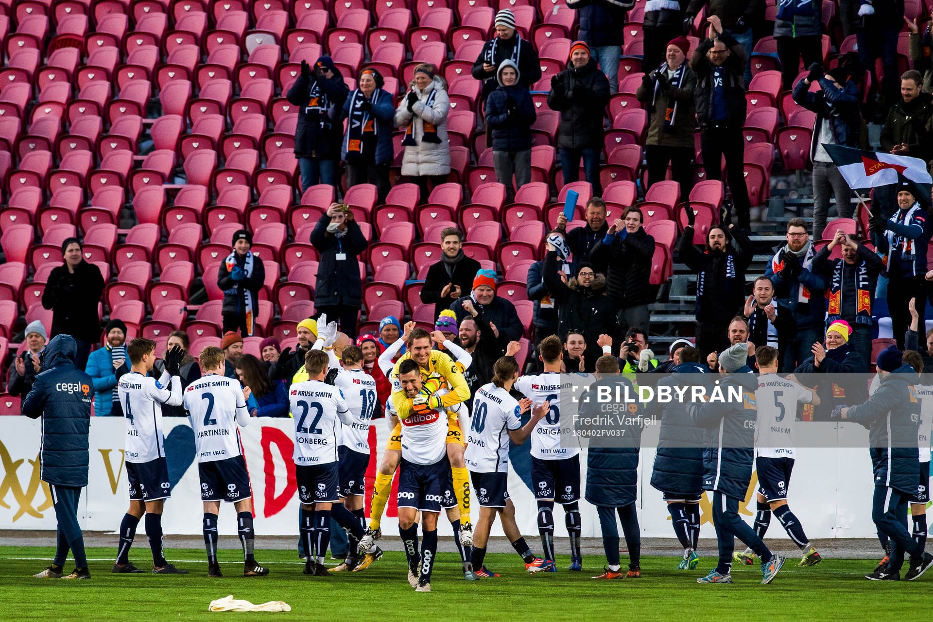 Goalkeeper Iven Austbø and Steffan Ernemann of Viking celebrate after the OBOS-ligaen match between Kongsvinger and Viking on April 2, 2018 in Kongsvinger.