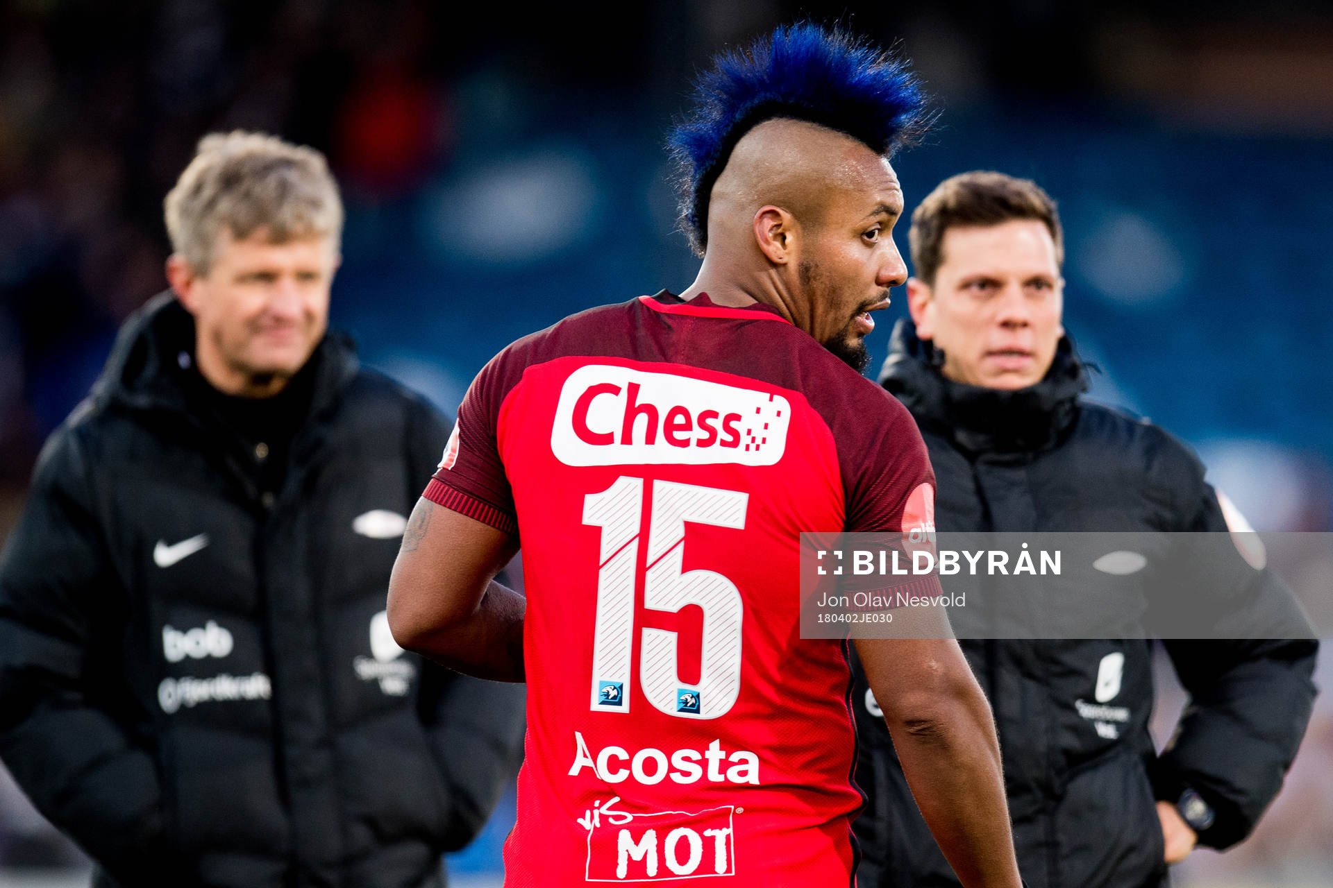 Lars Arne Nilsen, head coach of Brann, and Bismar Acosta of Brann after the Eliteserien match between Strømsgodset and Brann on April 2, 2018 in Drammen.